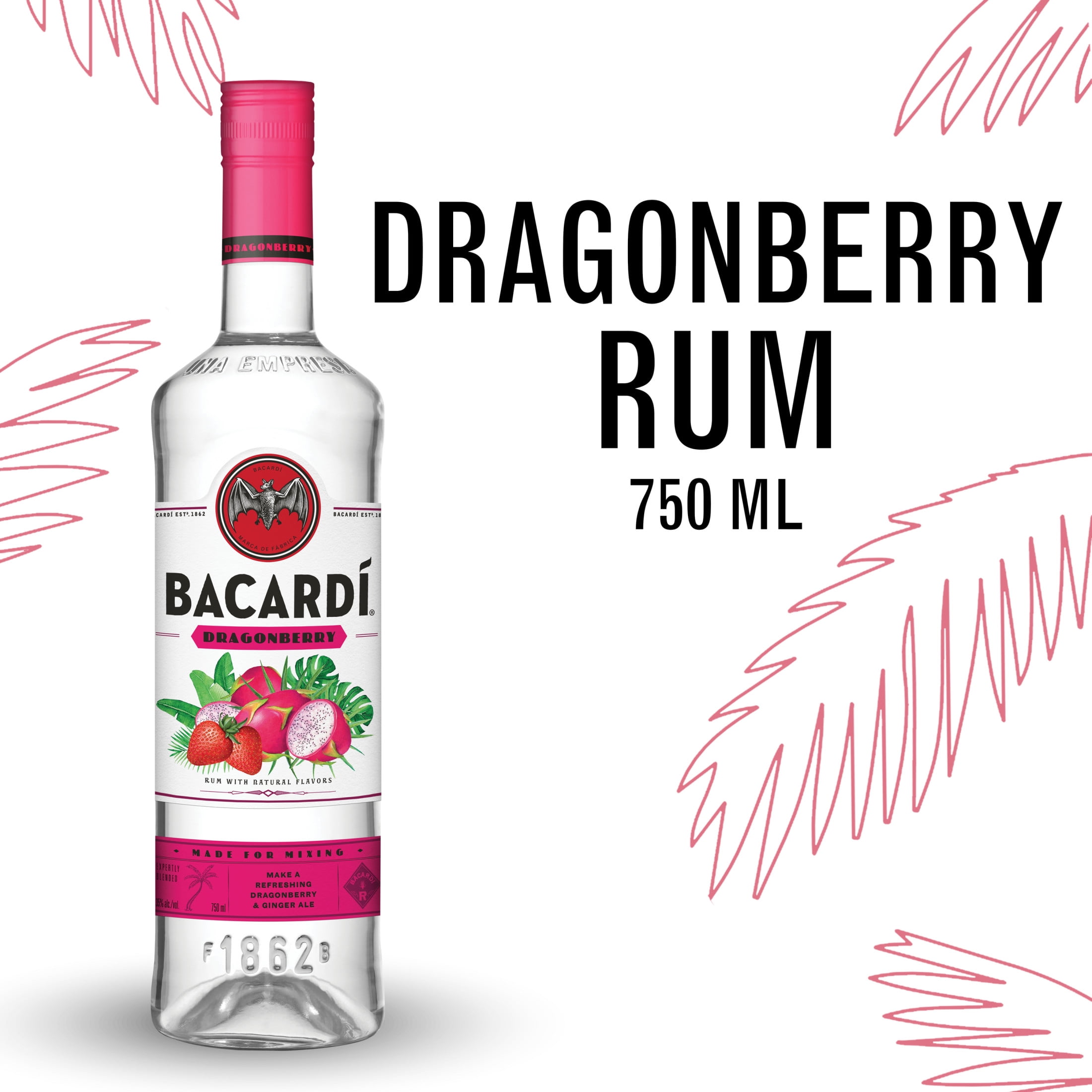 BACARDI Dragonberry Rum, Gluten Free, 750 mL Bottle, ABV 35%