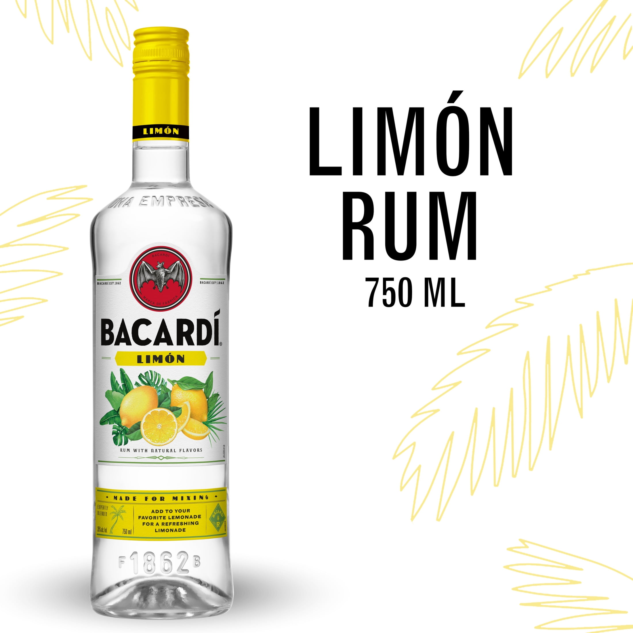 BACARDI Limon Rum, Gluten Free, 750 mL Bottle, ABV 35%
