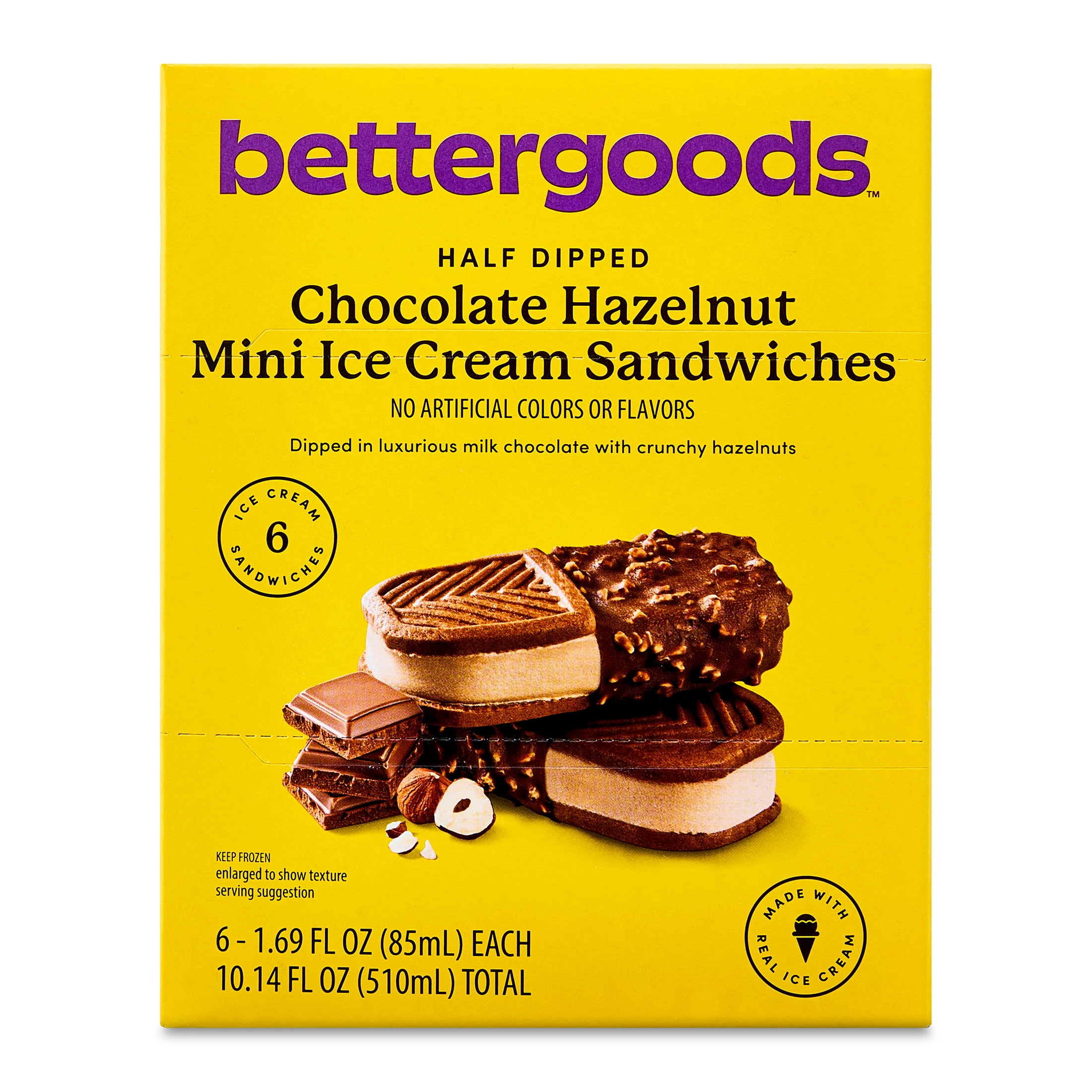 bettergoods Half Dipped Chocolate Hazelnut Mini Ice Cream Sandwiches, 1.69 fl oz, 6 Count