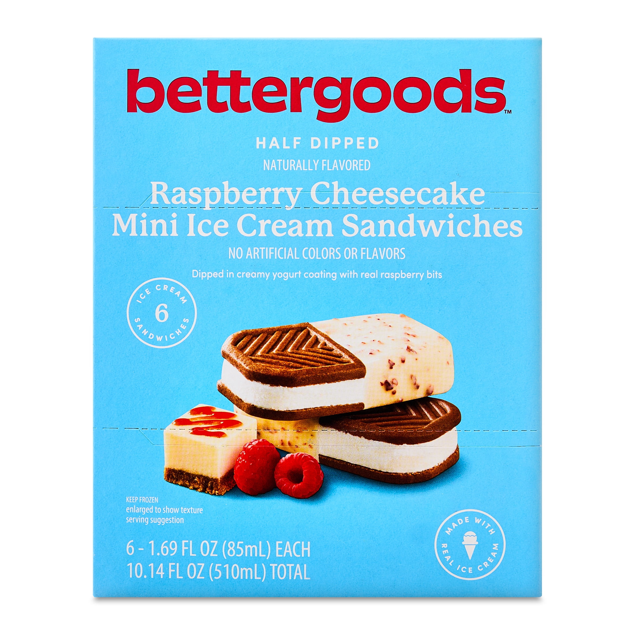 bettergoods Half Dipped Raspberry Cheesecake Mini Ice Cream Sandwiches, 1.69 fl oz, 6 Count