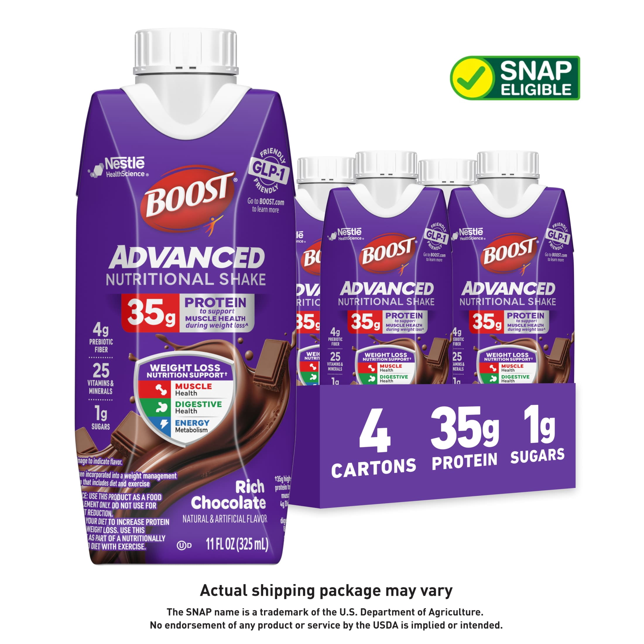 BOOST Advanced Nutritional Protein Shake, GLP-1 Friendly, Rich Chocolate, 4 - 11 fl oz Cartons