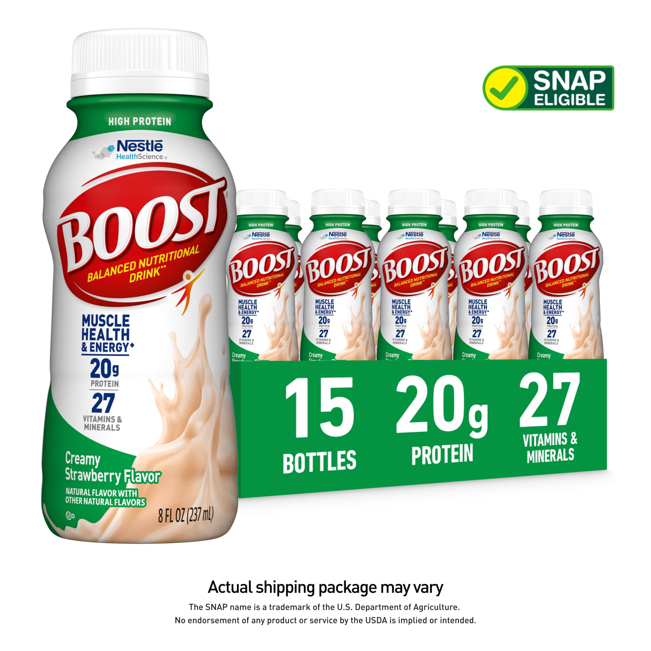 BOOST 20g High Protein Nutritional Drink Shakes, Creamy Strawberry, 8 fl oz, 15 Pack