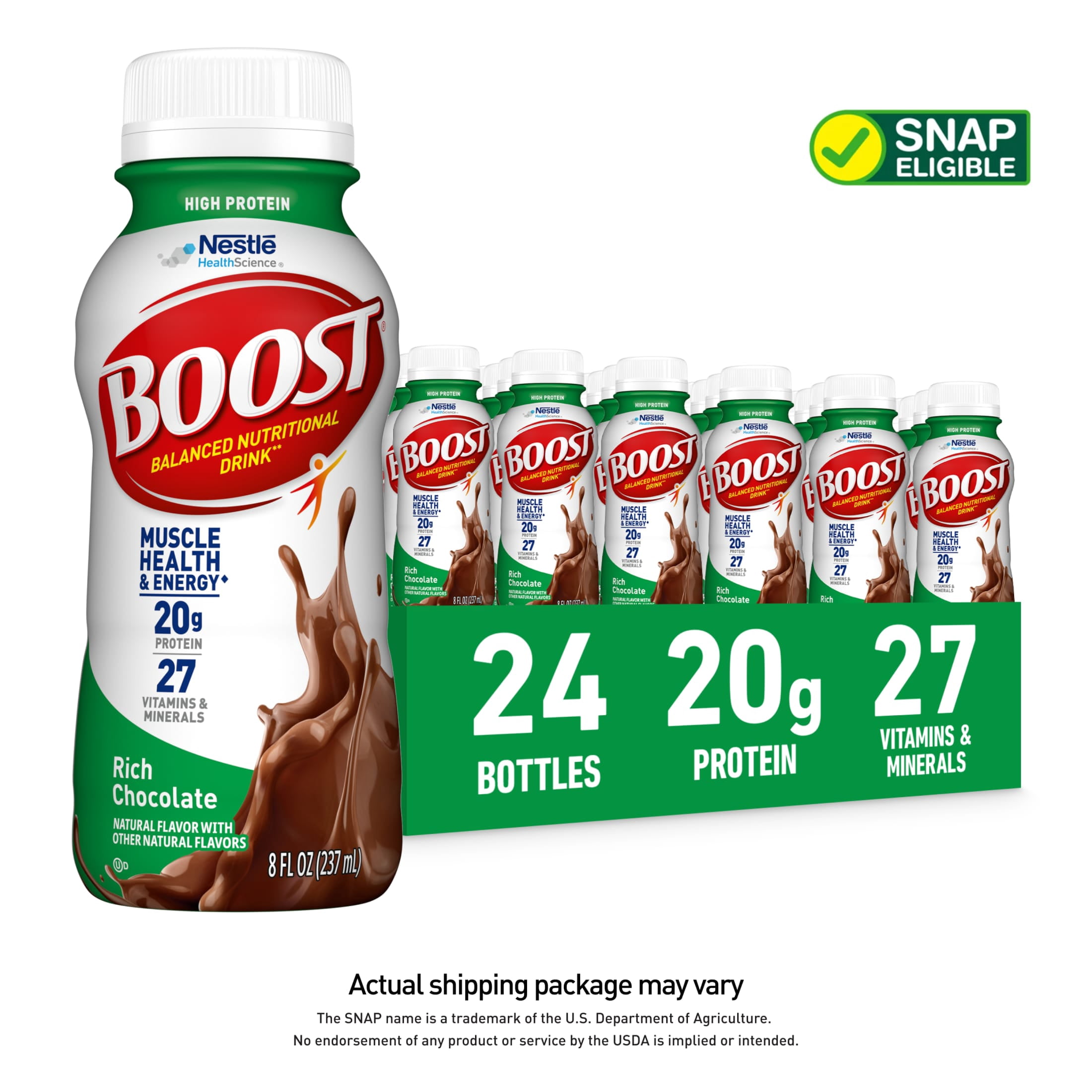 BOOST 20g High Protein Nutritional Drink Shakes, Rich Chocolate, 8 fl oz, 24 Pack
