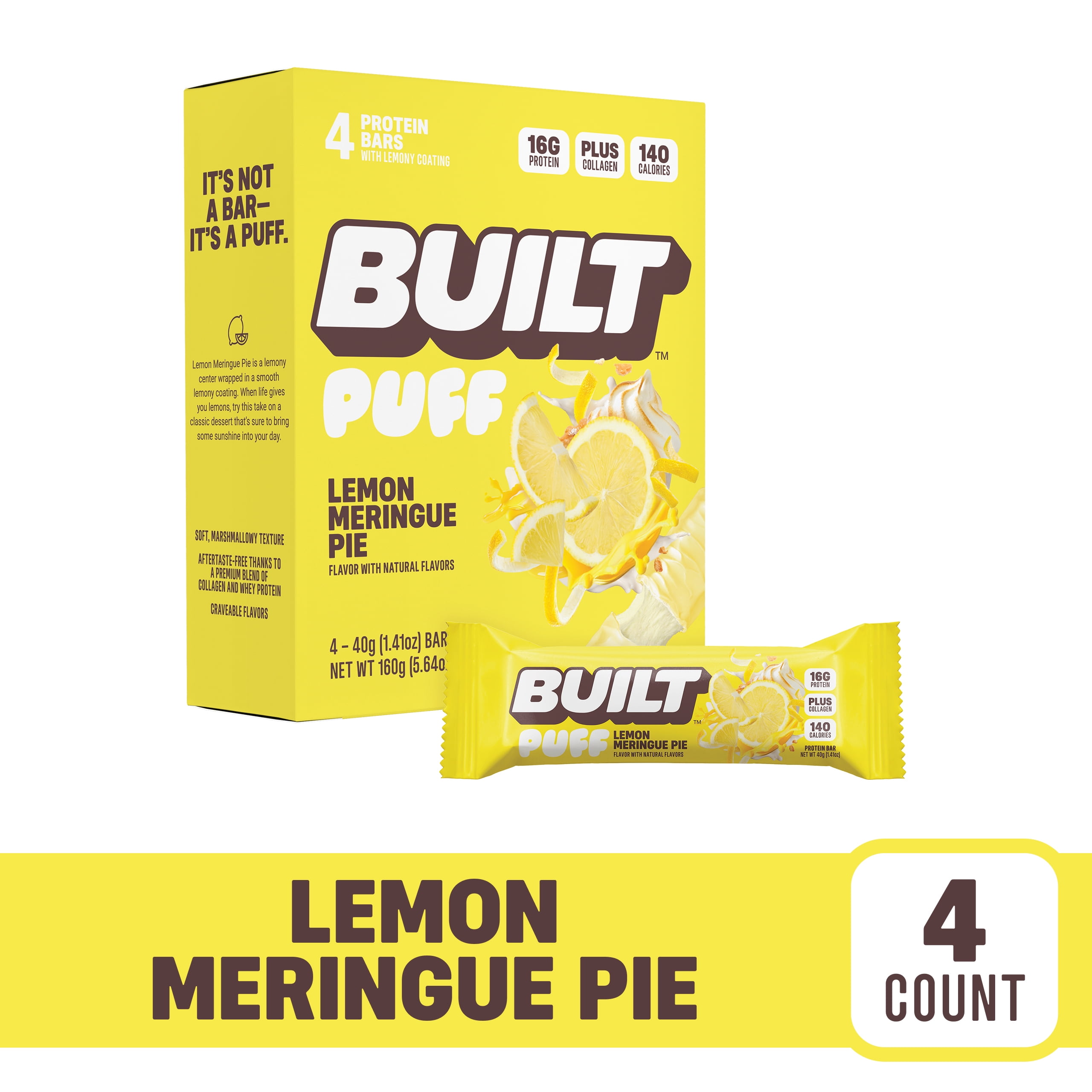 BUILT Bar, Puff Protein Bar, Lemon Meringue Pie, 16g Protein, Collagen, 150 Calories, 4 Count Box, 1.41 oz Bars