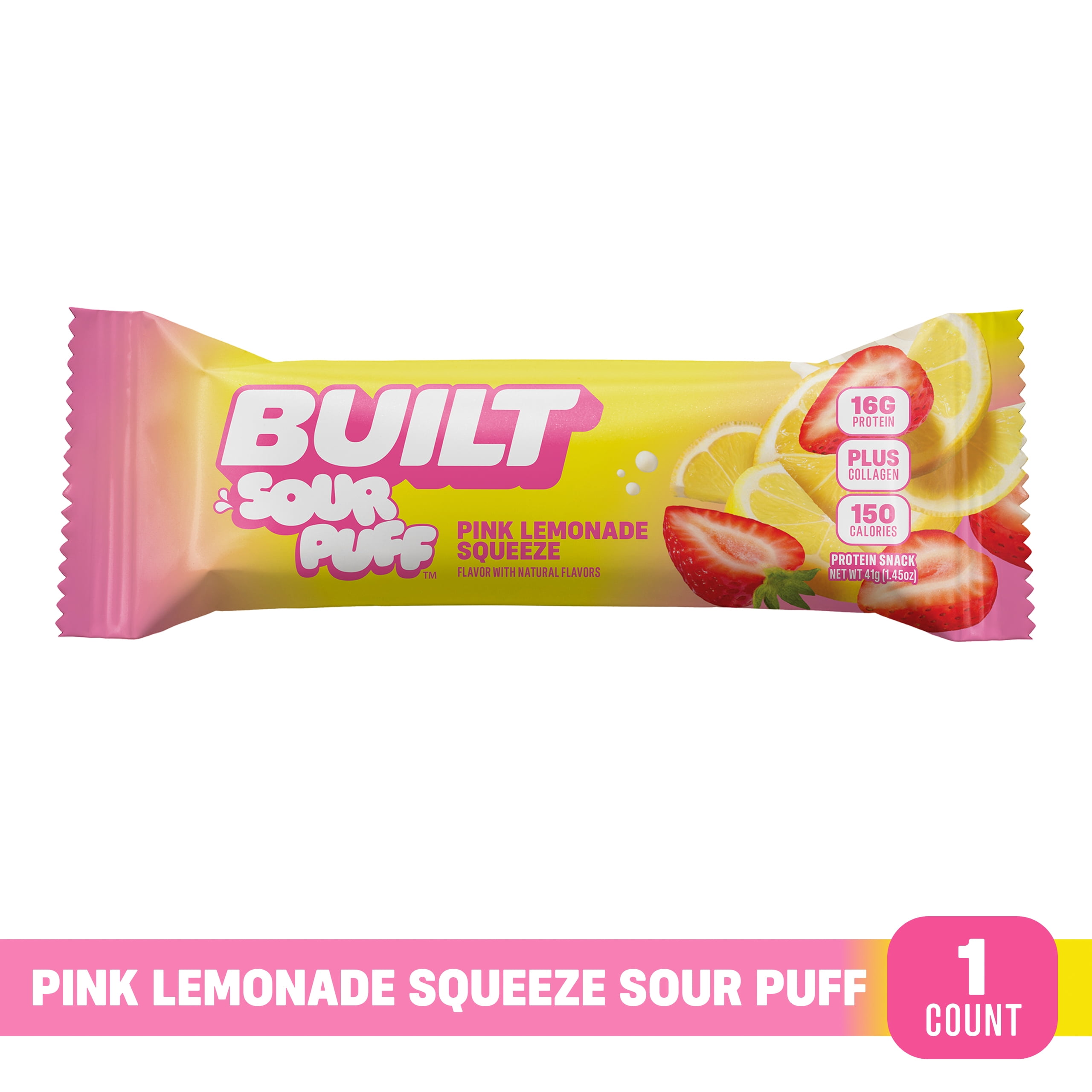BUILT Sour Puff Protein Bar, Pink Lemonade Squeeze, 16g Protein, Collagen, 150 Calories, Single 1.45 oz Bar