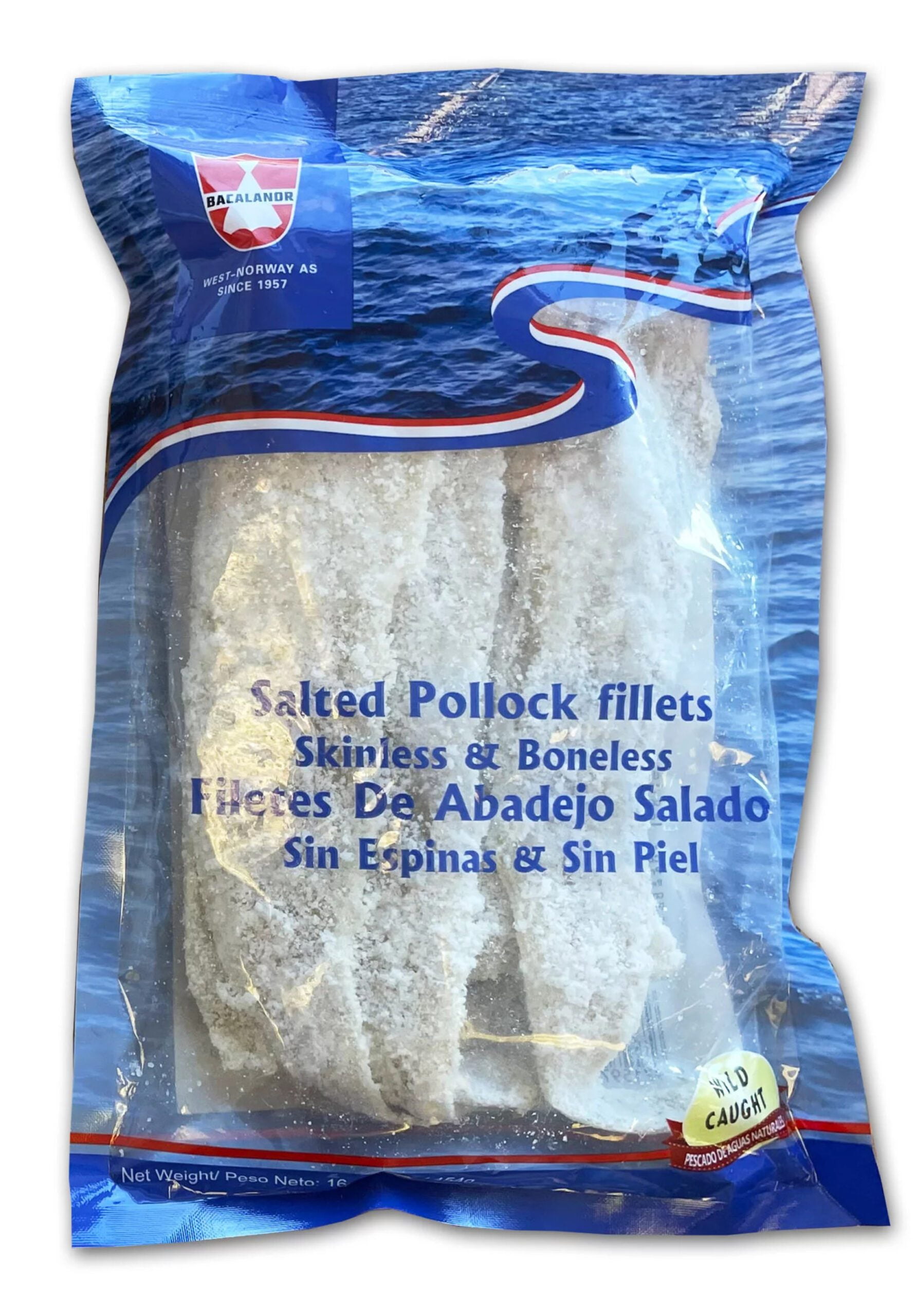 Bacalanor Salted Boned Pollock Fillets, 1 lb. Bag. Wild Caught. 12g Protein per 2 oz. (56 g) Serving. Contains: Fish (Pollock).