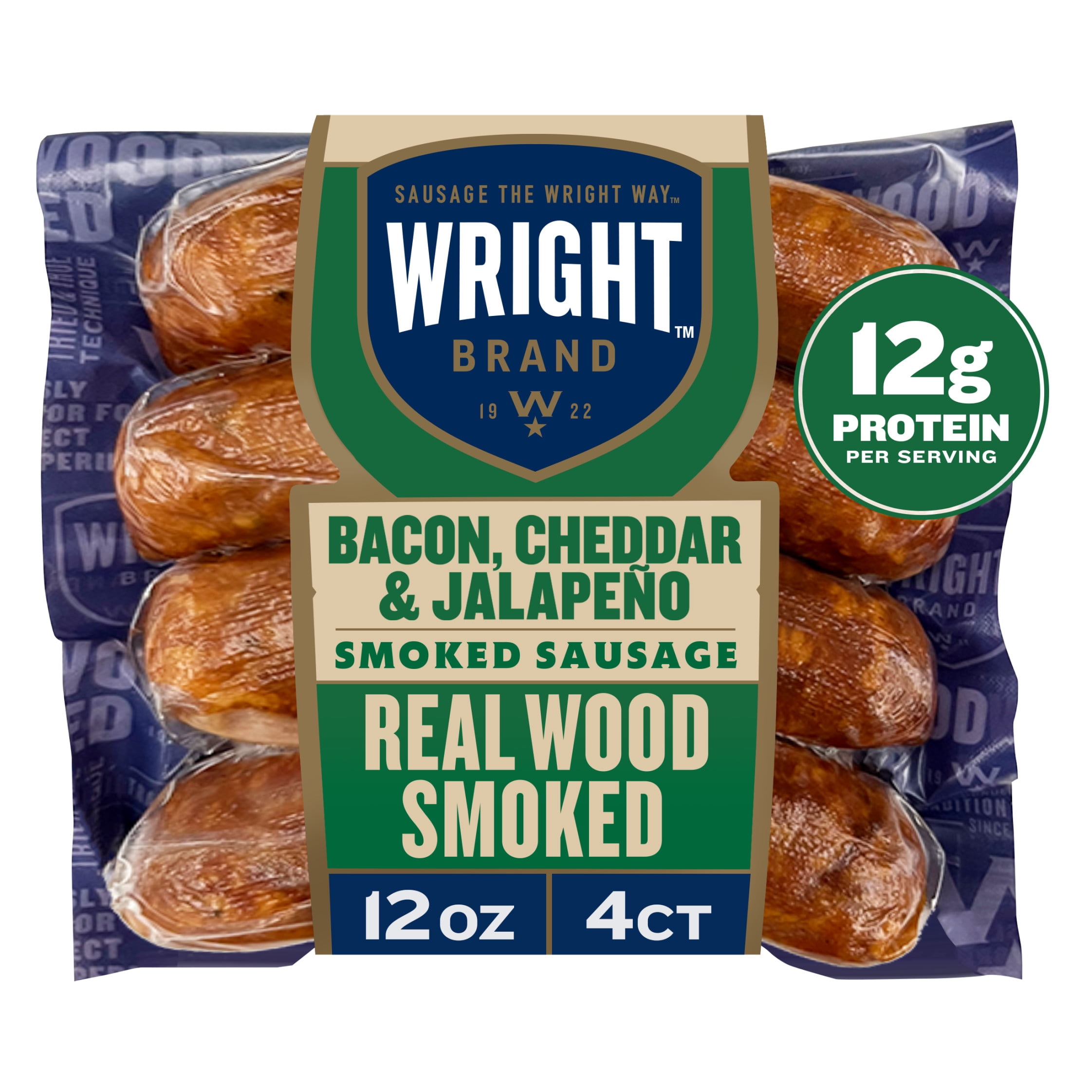 Wright Brand Real Wood Smoked Bacon, Cheddar & Jalapeo Smoked Sausage, 12 oz, 4 Count