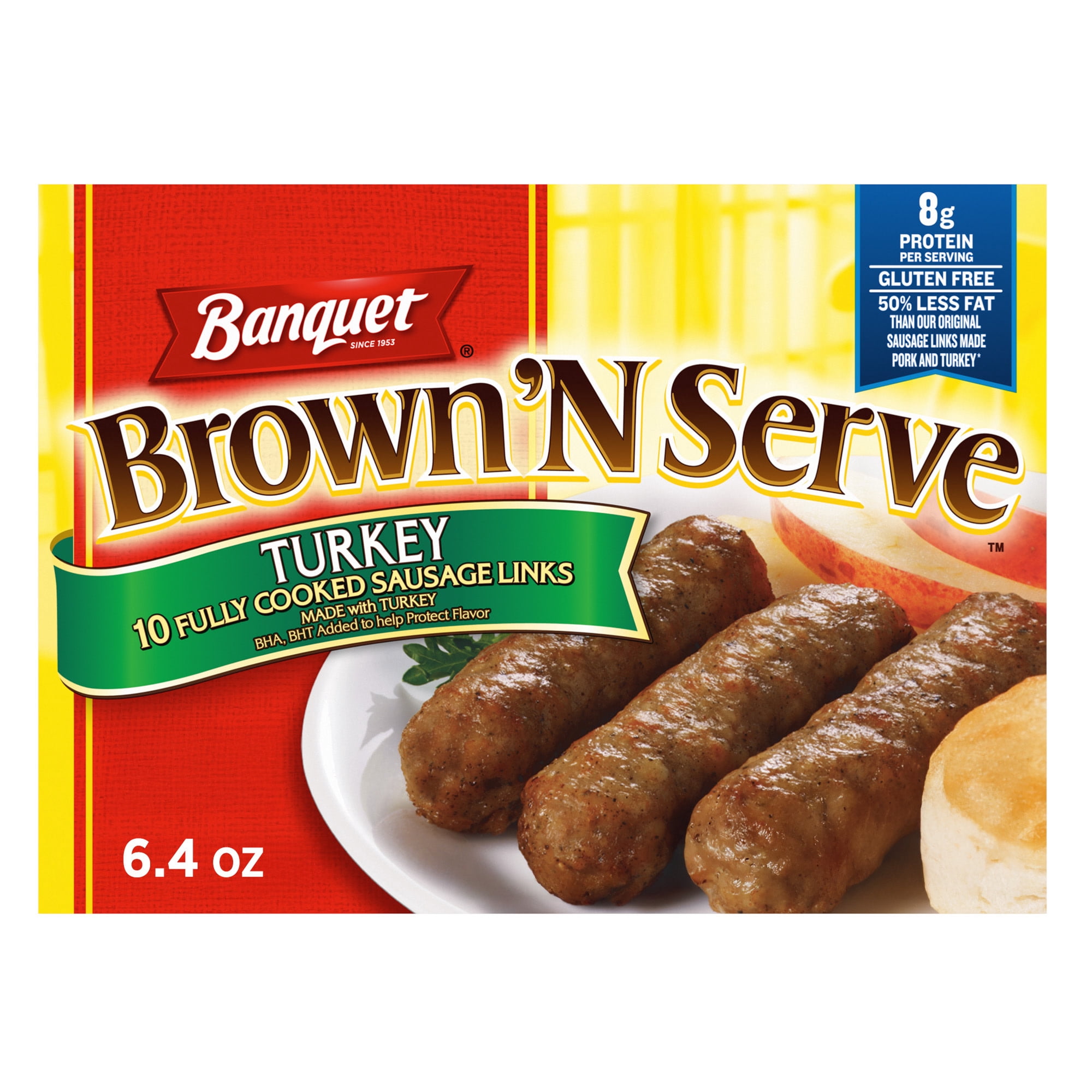 Banquet Brown 'N Serve Turkey Sausage Links, 8g Protein per Serving, Frozen Breakfast Sausage, 6.4 oz.