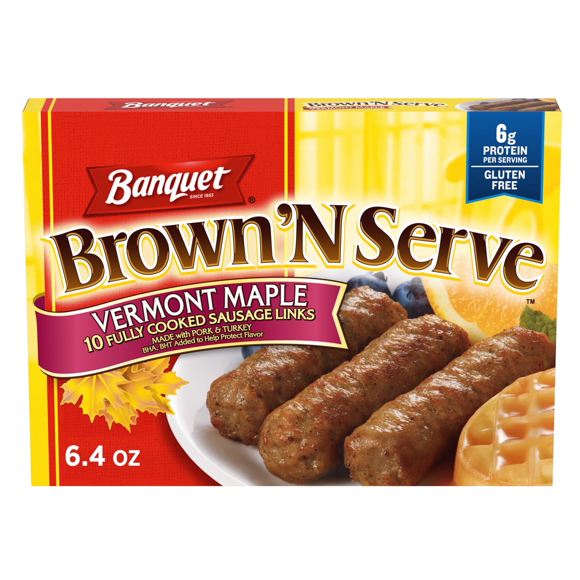 Banquet Brown'N Serve Vermont Maple Fully Cooked Sausage Links, 6g Protein per Serving, Frozen Breakfast, 6.4 oz.