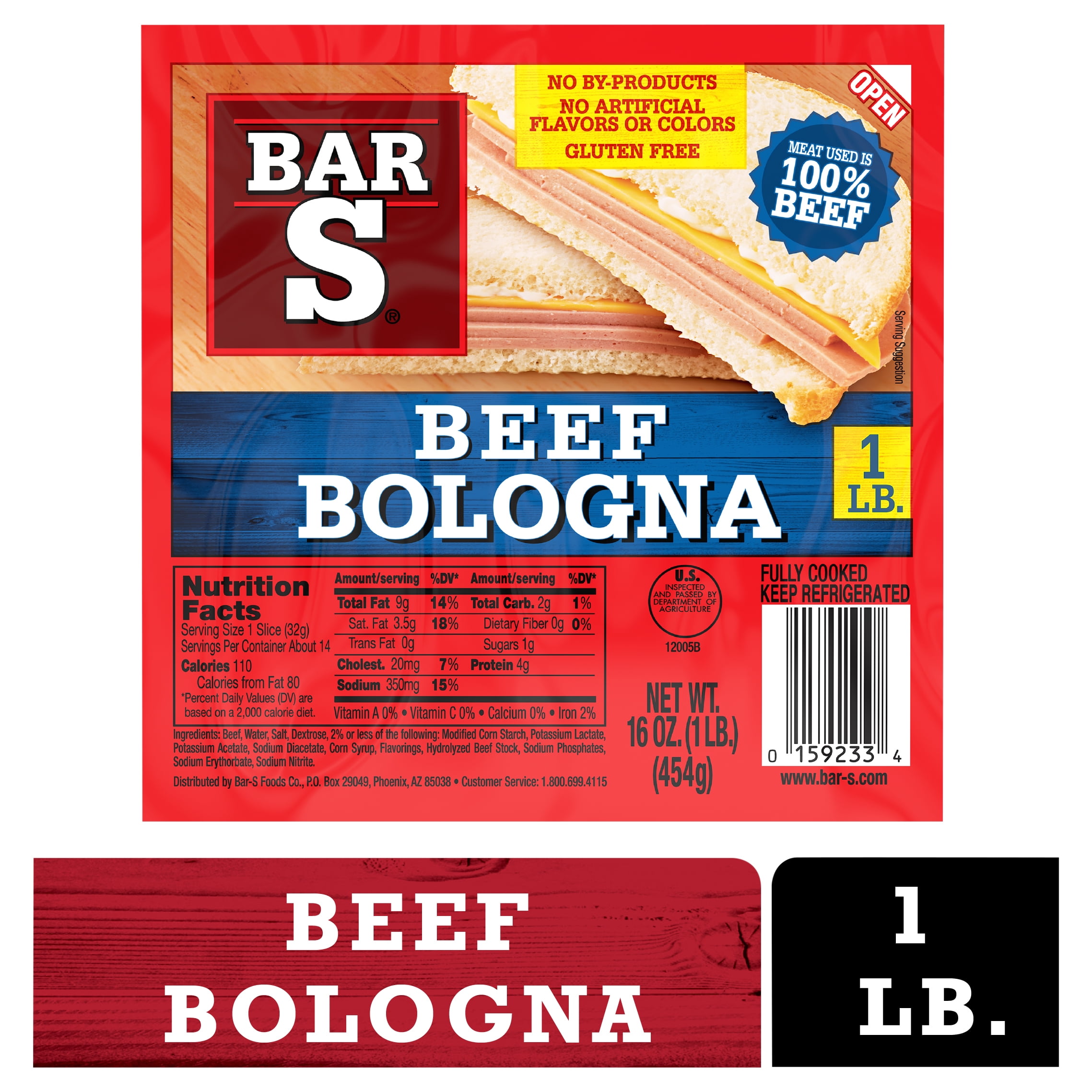 Bar-S Beef Bologna, 100% Beef, Sliced Deli Lunch Meat, 1 lb