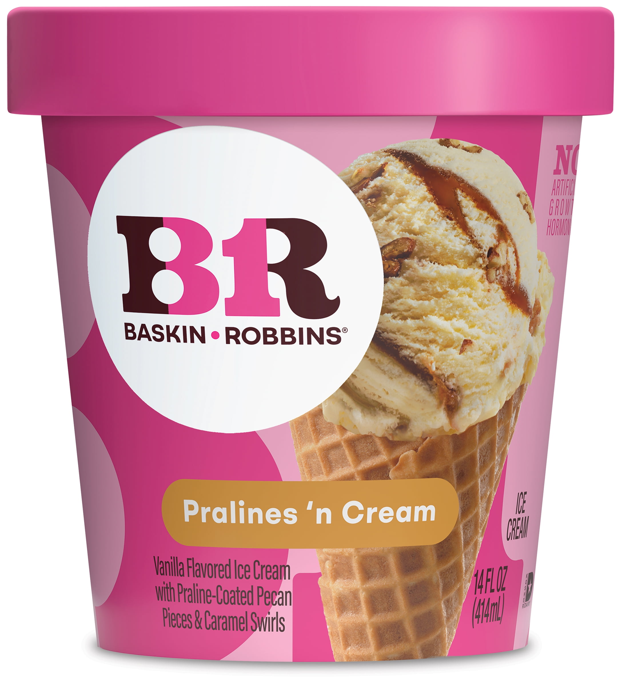 Baskin-Robbins Pralines n Cream Ice Cream, 14 fl oz Cup Vanilla Ice Cream with Caramel Swirl and Praline-Coated Pecans