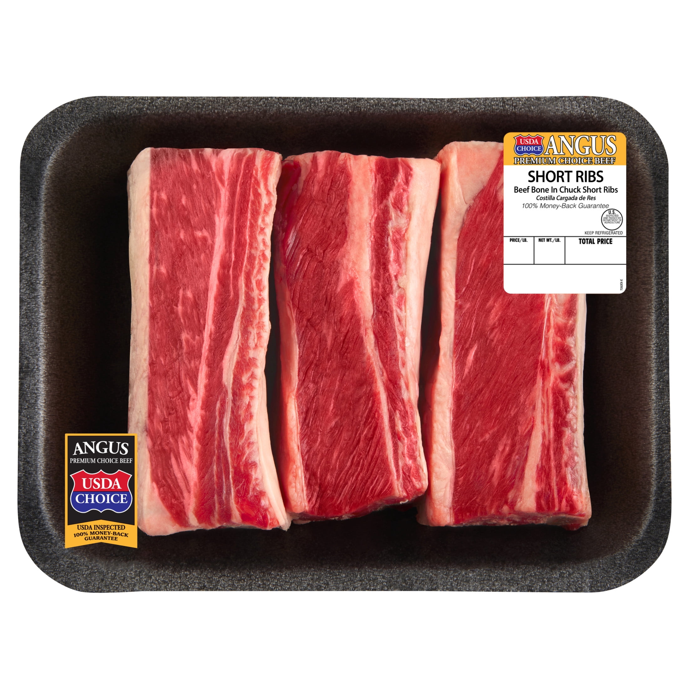 Chuck Short Ribs, Choice Angus Beef, Bone-in, 3 - 4 per Tray, Fresh, 1.1 - 2.3 lb
