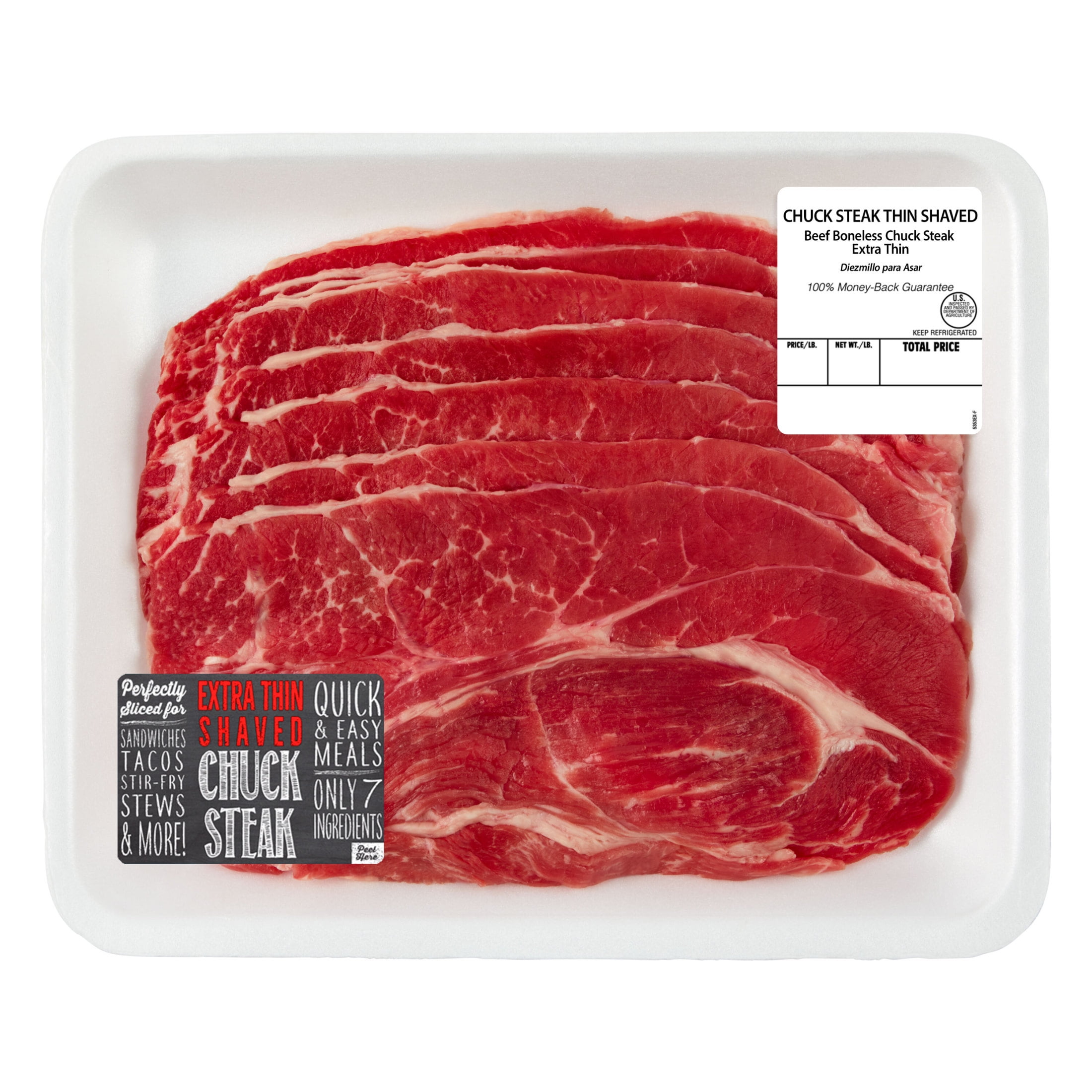 Extra Thin Shaved Chuck Beef Steak, 8 per Tray, Fresh, 0.79 - 2.1 lb