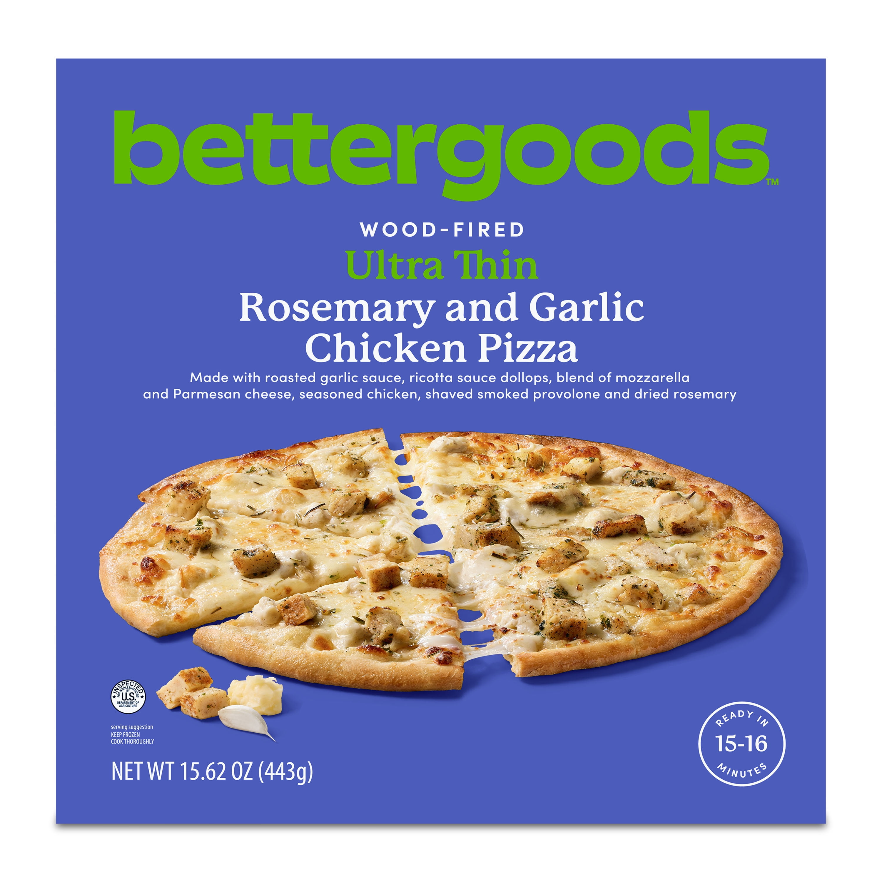 bettergoods Wood-Fired Ultra-Thin Roasted Garlic and Rosemary Chicken Pizza, 15.6 oz (Frozen)