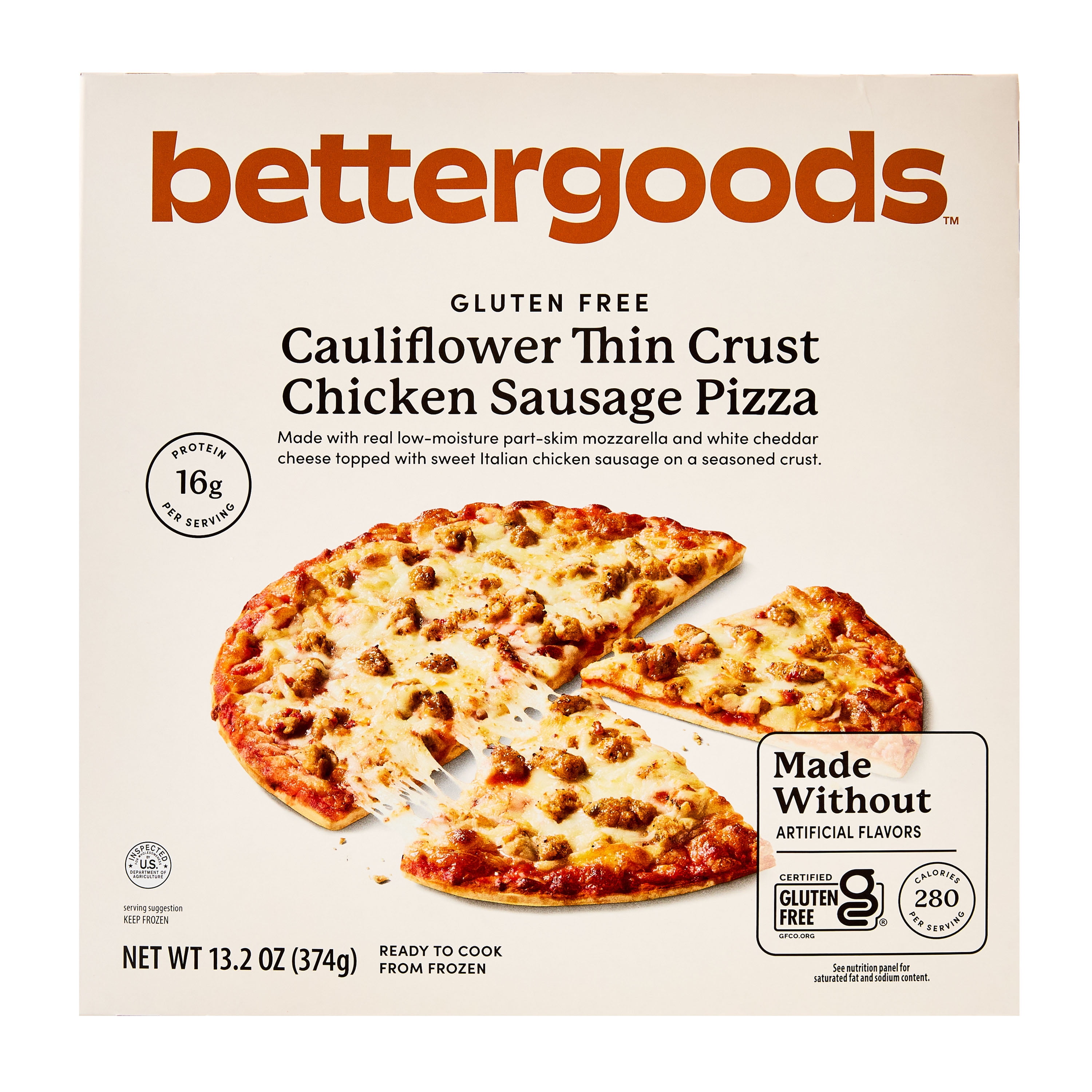 bettergoods Gluten-Free Cauliflower Thin Crust Chicken Sausage Pizza, 13.2 oz (Frozen)