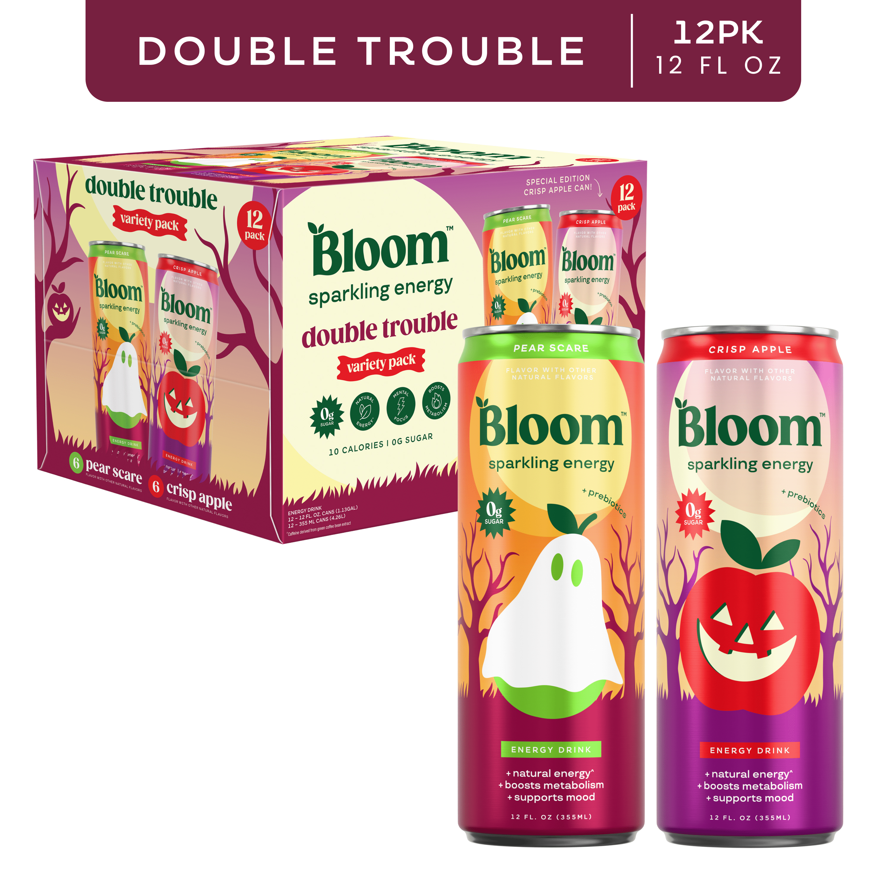 Bloom Nutrition Sparkling Energy Drink Variety Pack, Double Trouble, 12 fl oz Can, 12 Pack