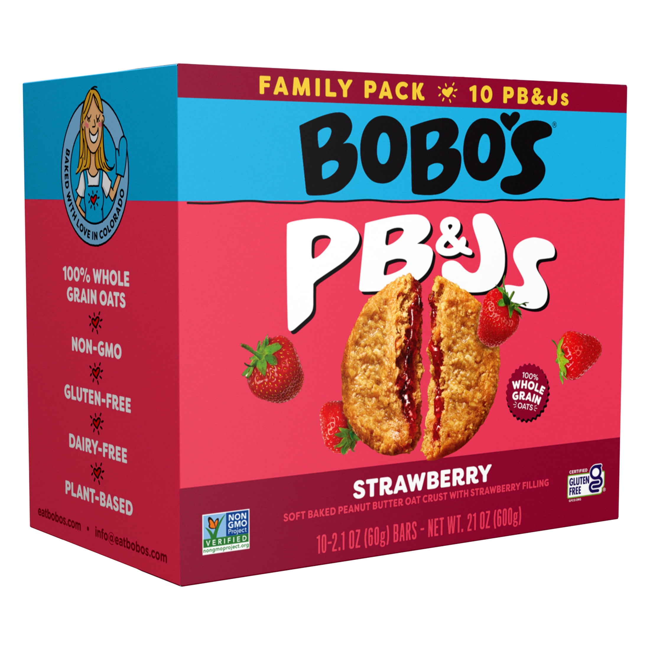 Bobo's PB&Js, Peanut Butter Oat Crust With Strawberry Filling, 10 Pack of 2.1oz oat snacks