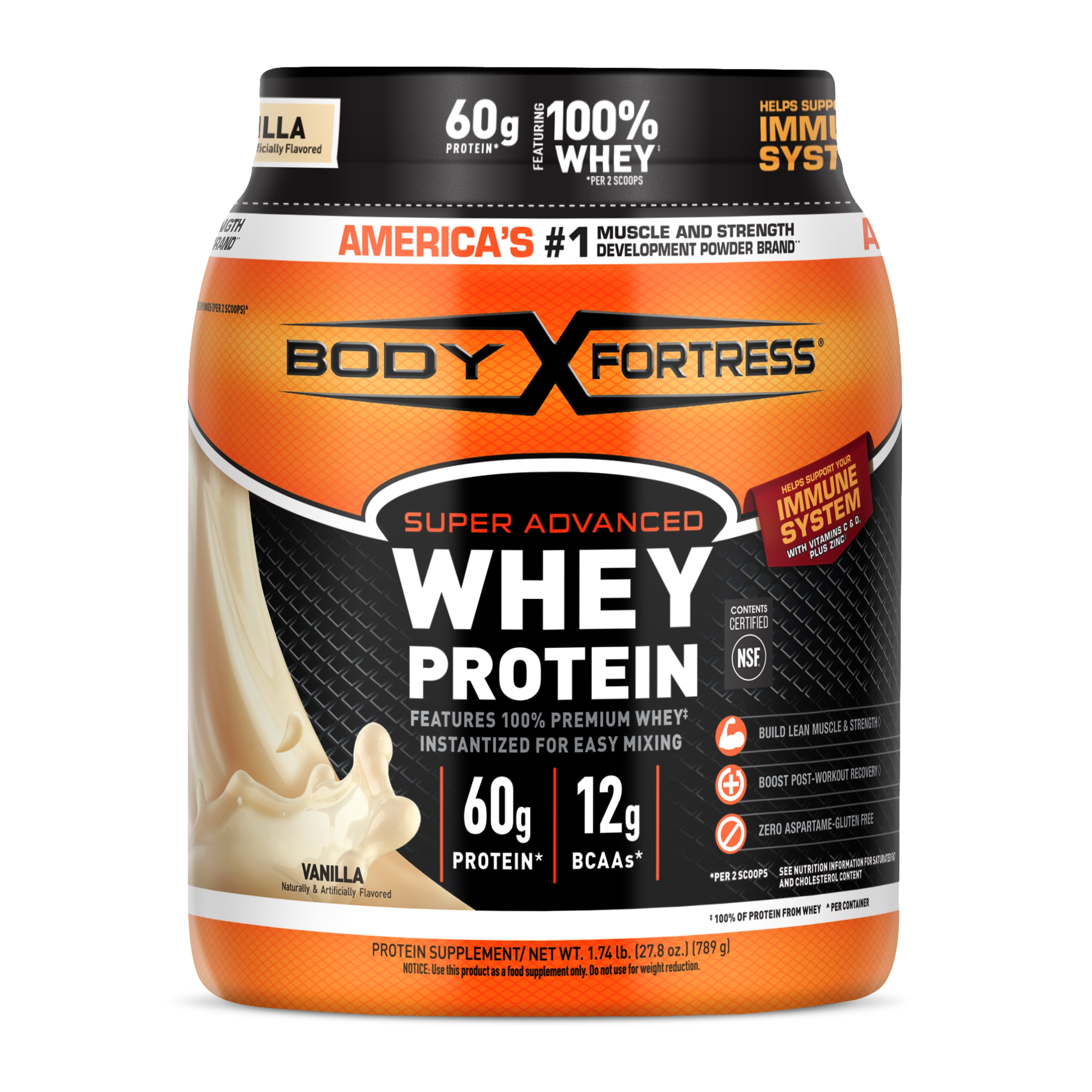 Body Fortress Super Advanced 100% Premium Whey Protein Powder, Vanilla, 60g Protein, Immune Support , Vitamins C & D Plus Zinc, 1.74 lbs (Packaging May Vary)
