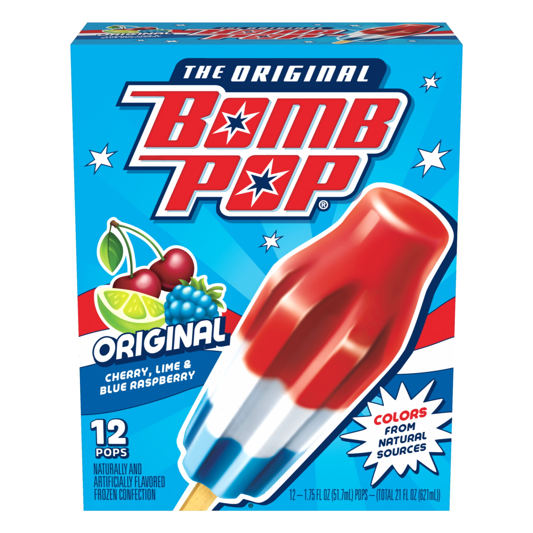 Bomb Pop Original Freeze Ice Pops, Frozen Dessert, Cherry, Lime, & Blue Raspberry, 12 Pack