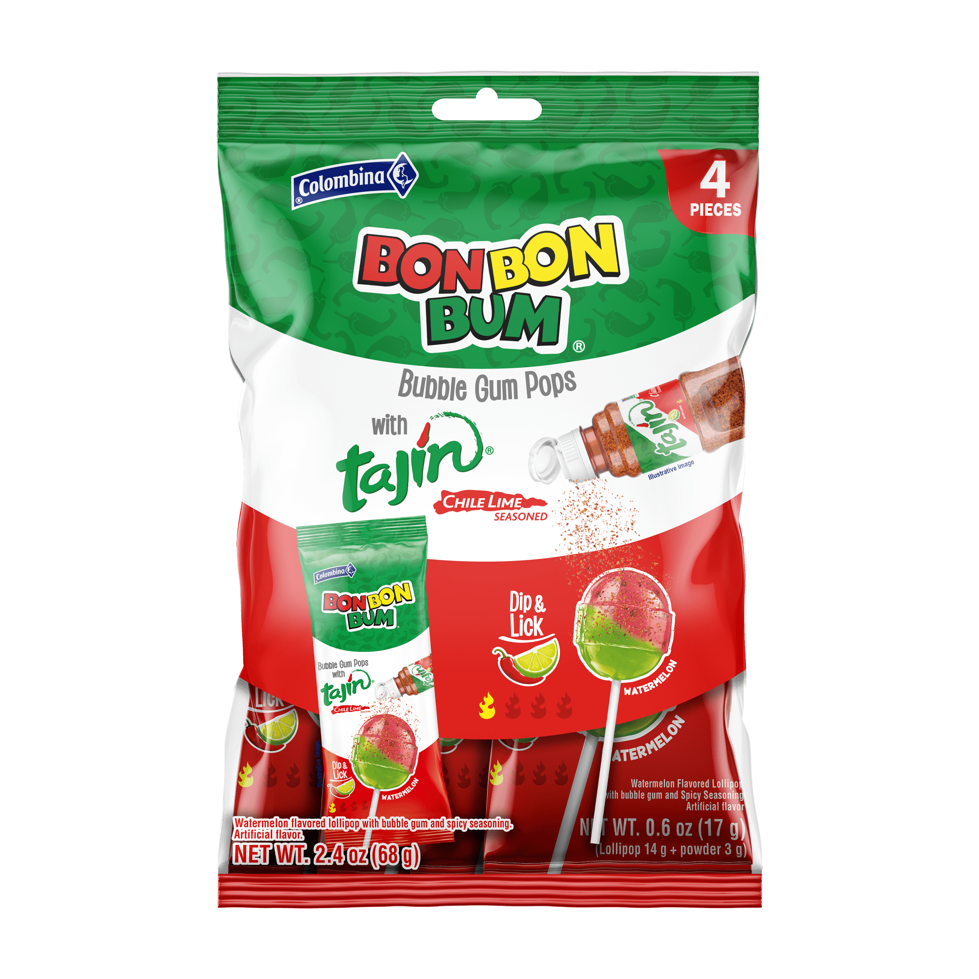 Bon Bon Bum Watermelon Lollipop with Tajin - 4 Count Bag