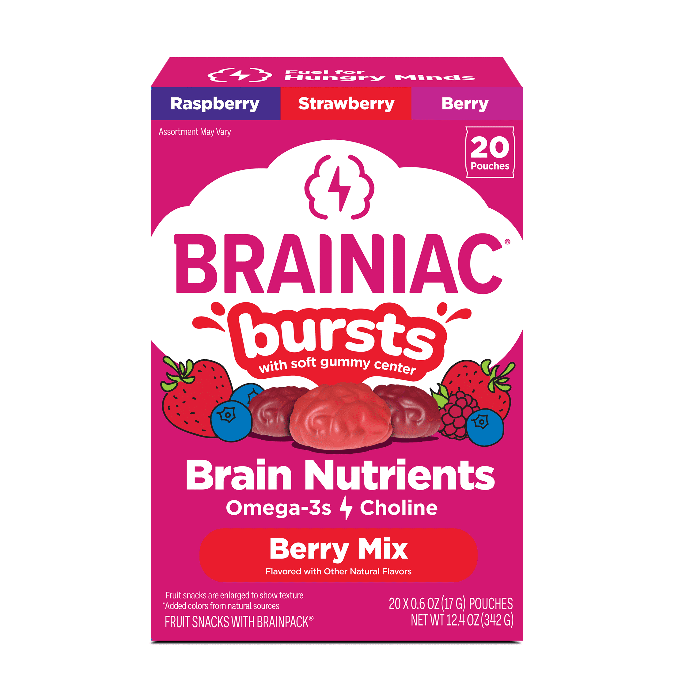 Brainiac Bursts Fruit Snacks with BrainPack, Berry Mix, 20 Count