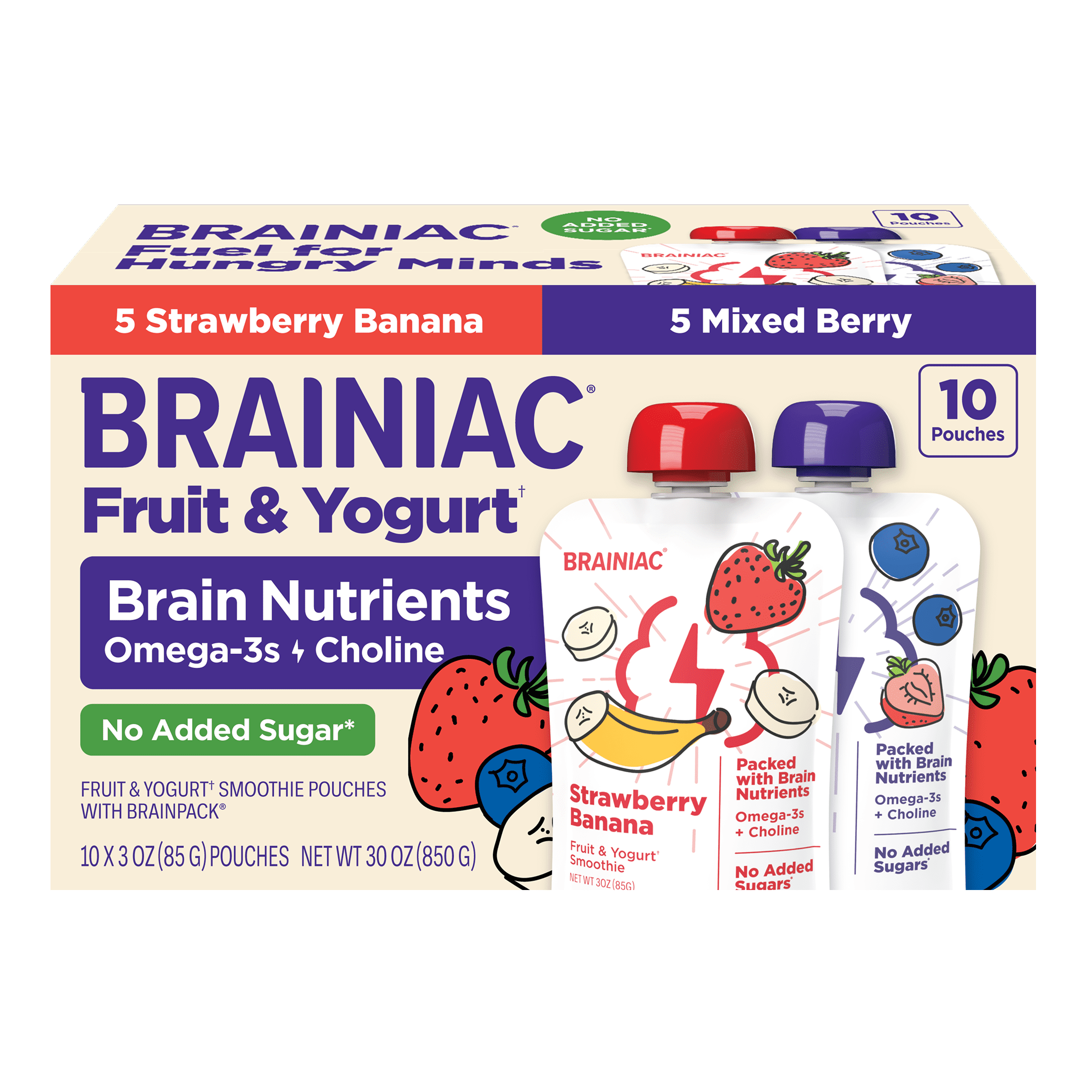 Brainiac Fruit & Yogurt with Omega-3s, Variety Pack, No Sugar Added, 3 oz, 10ct