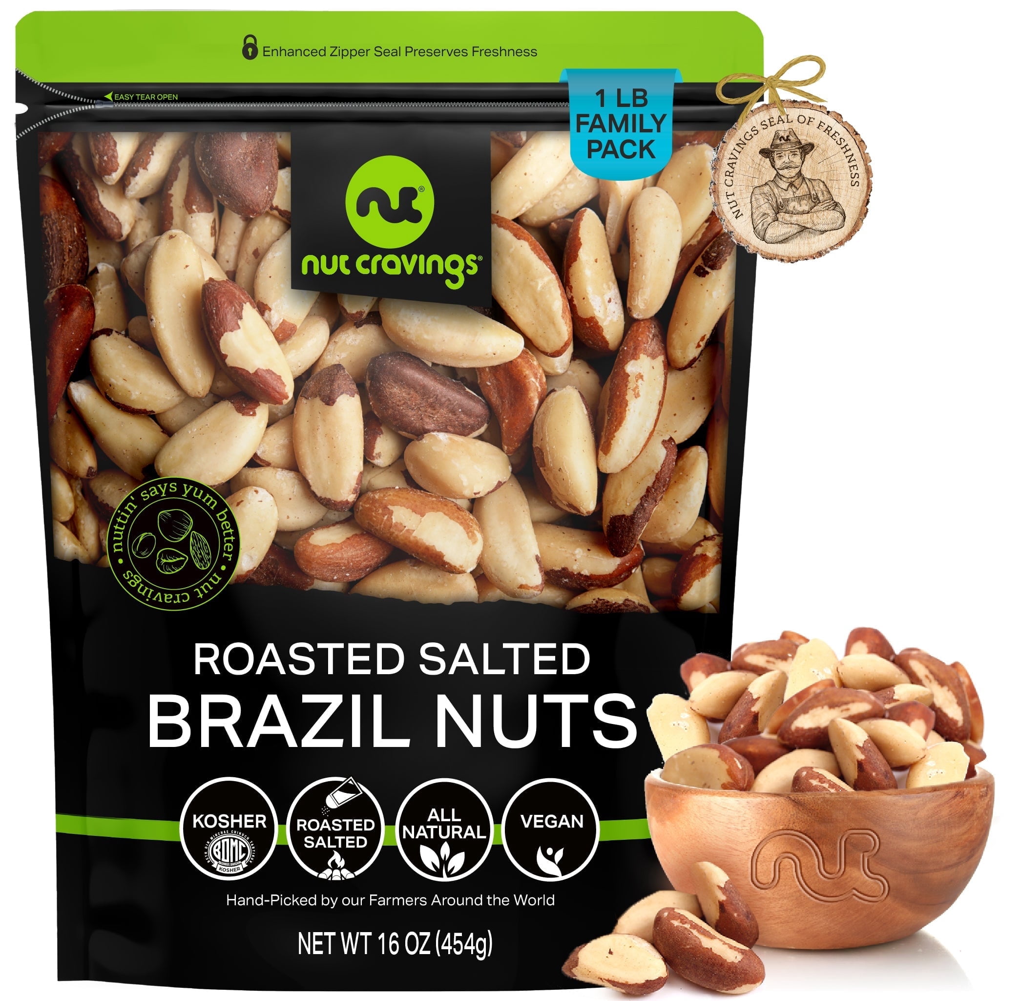 Nut Cravings Brazil Nuts Roasted & Salted, Whole, Rich in Selenium Resealable Bag (16oz - 1 lbs)