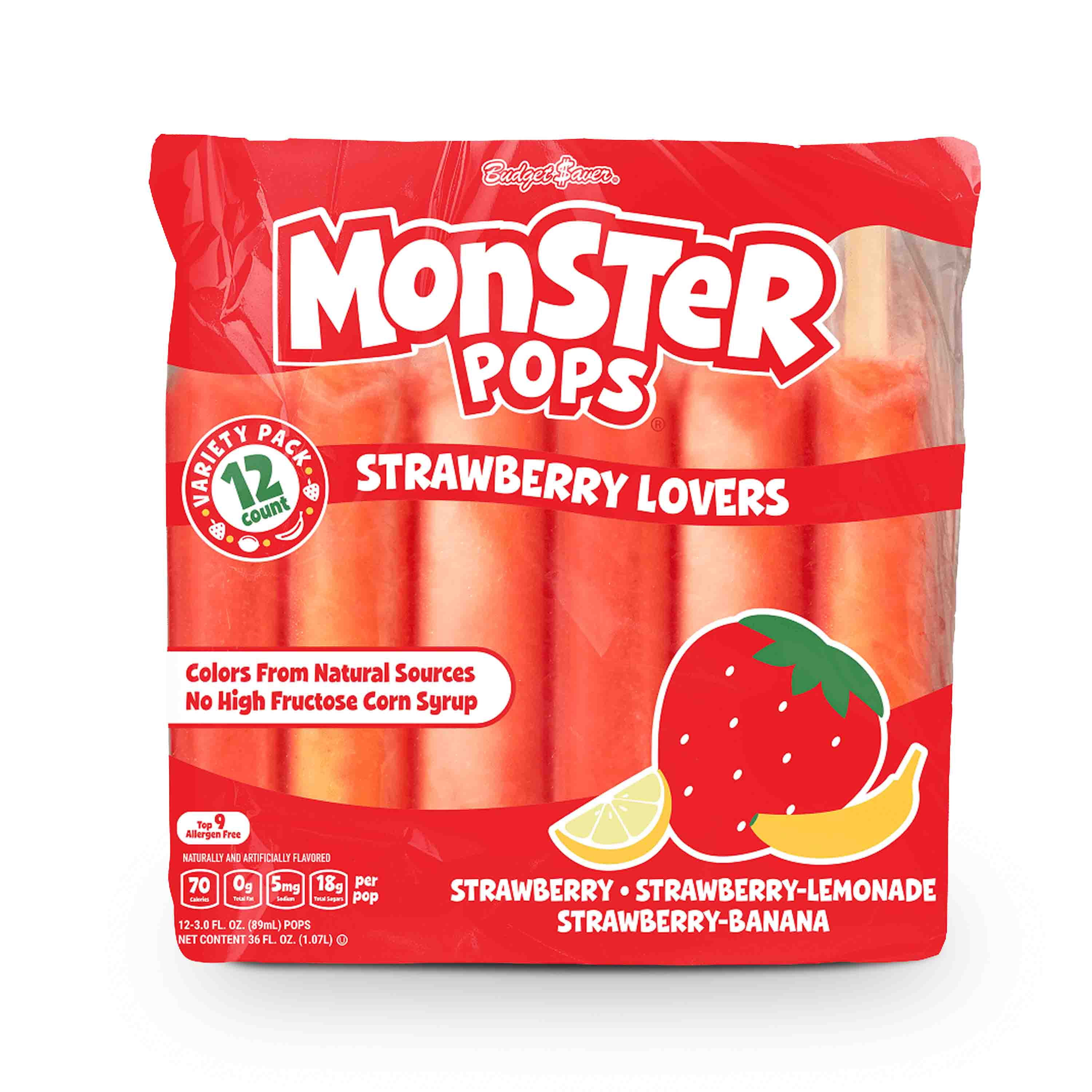 Budget Saver Monster Pops, Strawberry Lovers, 12 Count, Frozen Popsicles with Natural Colors