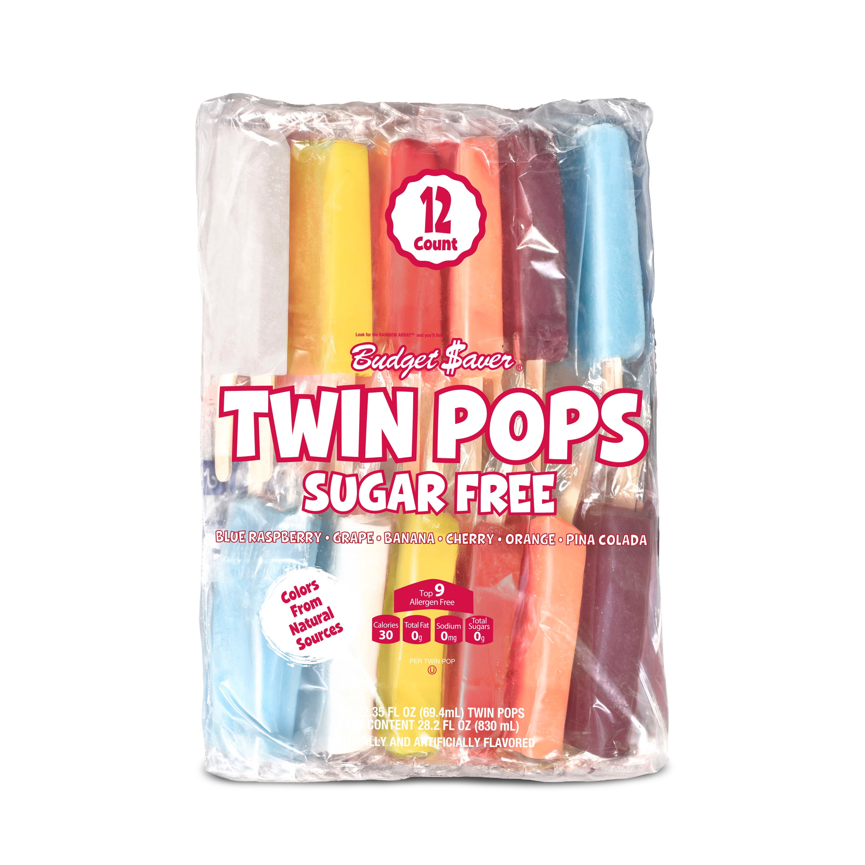 Budget Saver Sugar Free Twin Pops, Assorted Flavors, 12 Count, Popsicles with Natural Colors