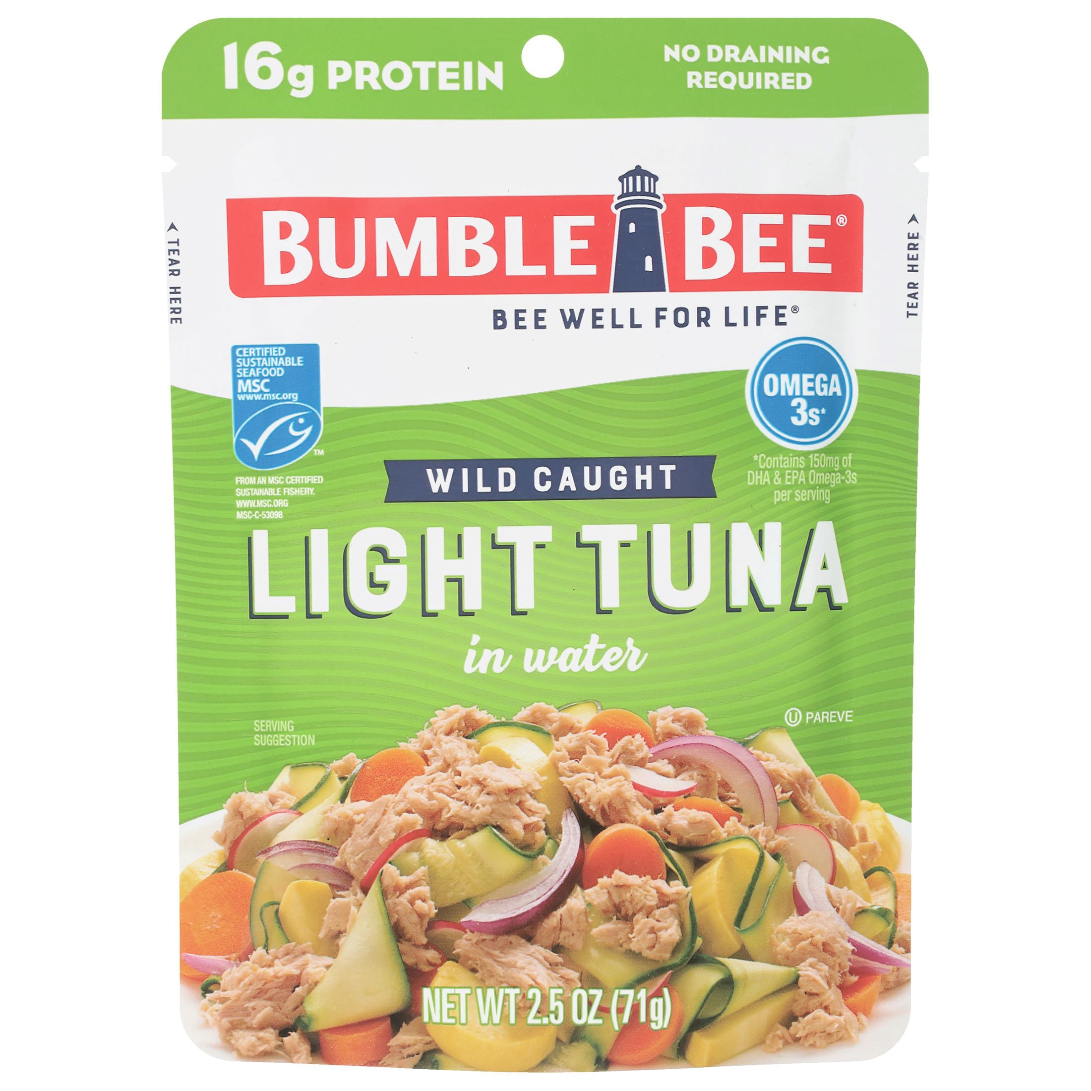 Bumble Bee Light Tuna in Water, Wild Caught, Gluten Free, 16g Protein per Serving, Ready to Eat, Shelf Stable Pouch, 2.5 oz