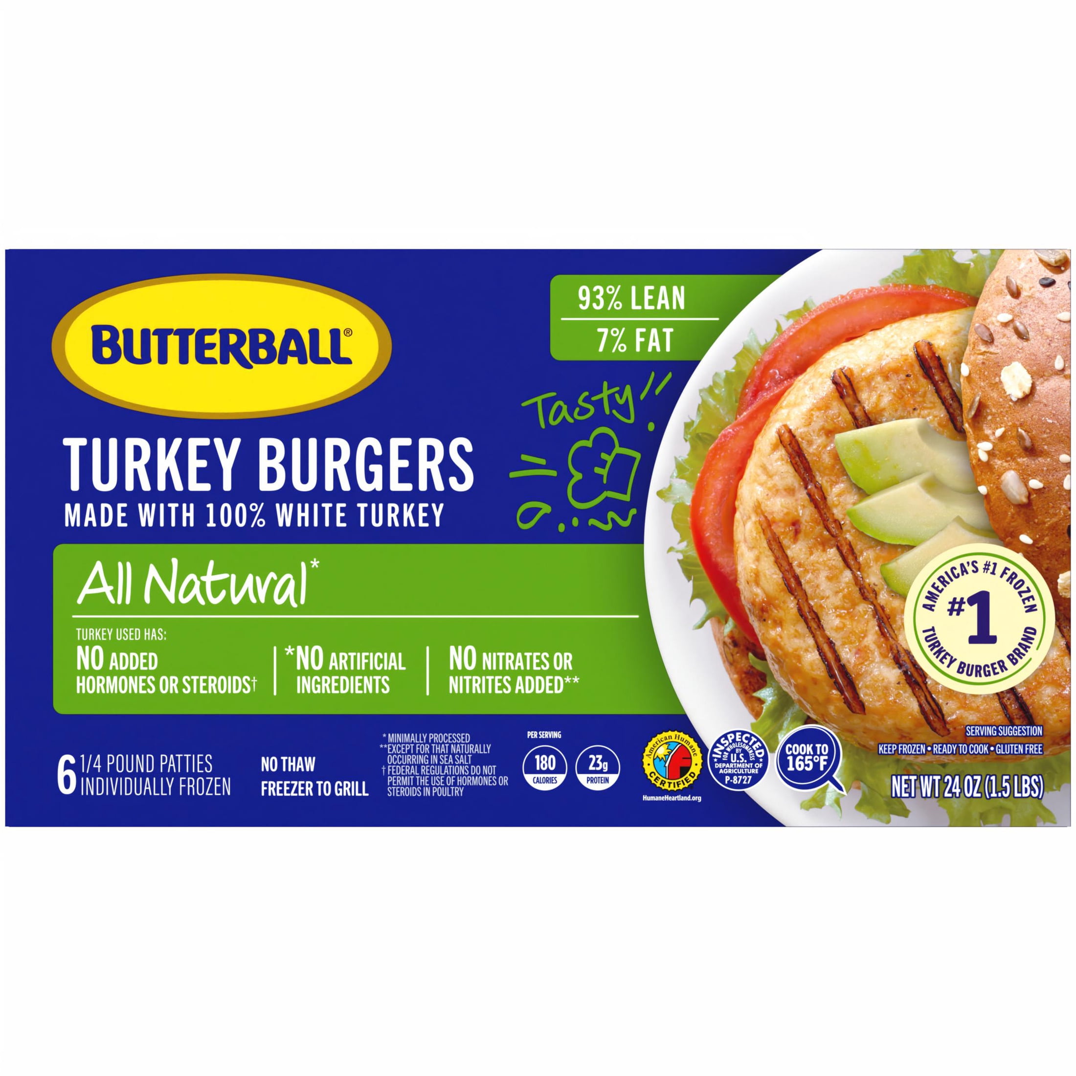 Butterball Frozen Turkey Burgers, All Natural White, 1/4 lb Patties, 6 Count/ 1.5 lbs