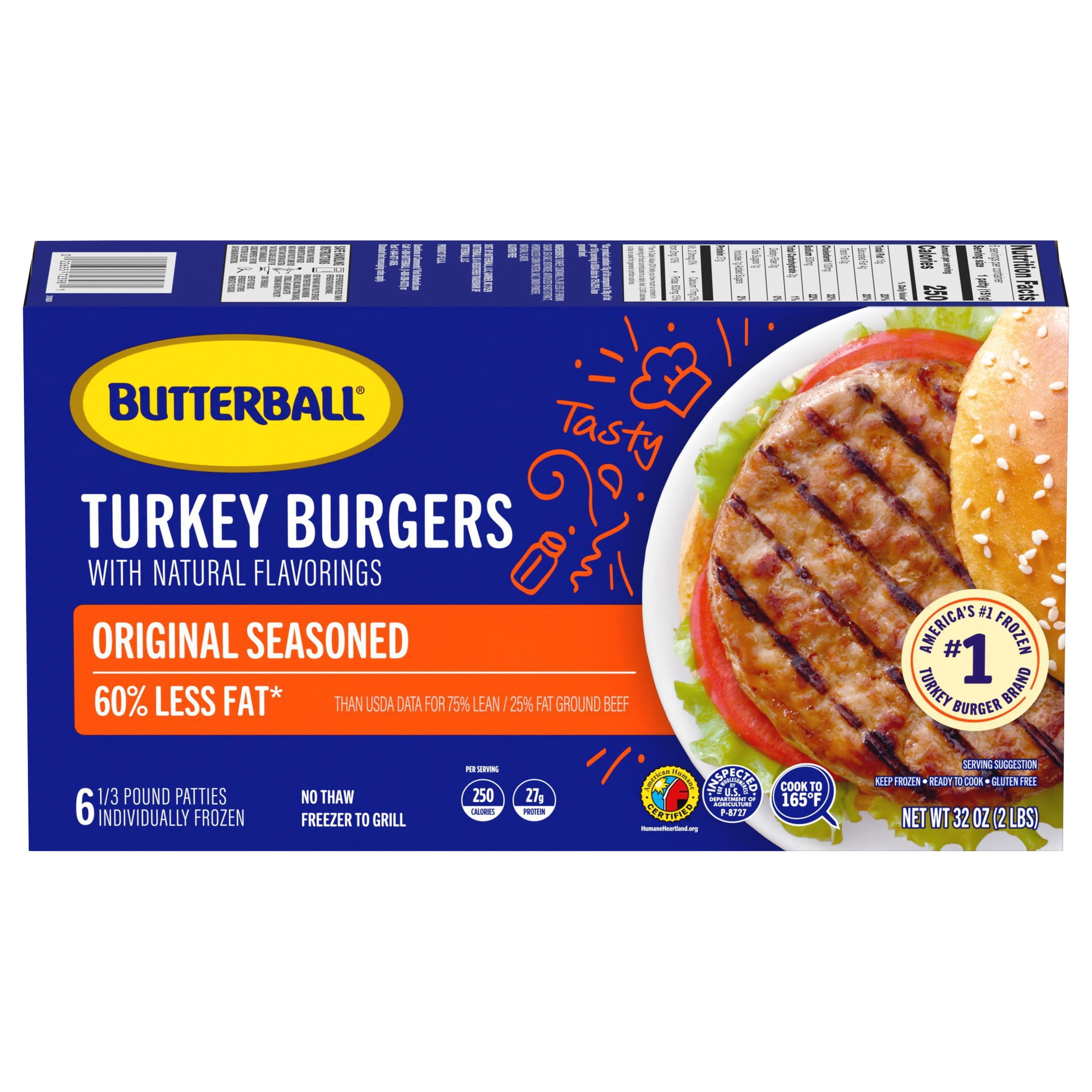 Butterball Frozen Turkey Burgers, Original Seasoned, 1/3 lb Patties, 6 Count/2 lbs