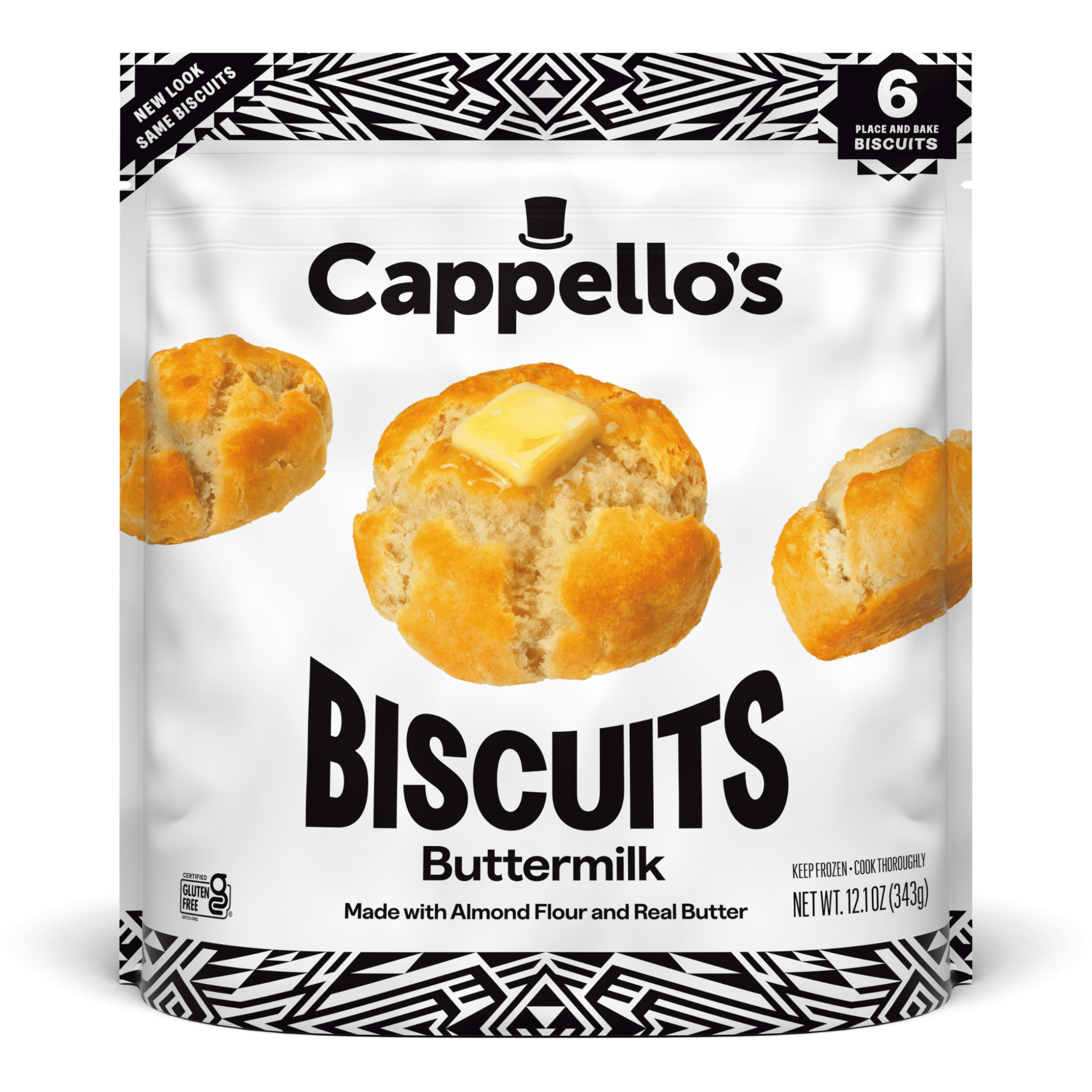 Cappello's Buttermilk Biscuits, Gluten Free, 12.1 oz, 6 Count, Regular Size, Frozen