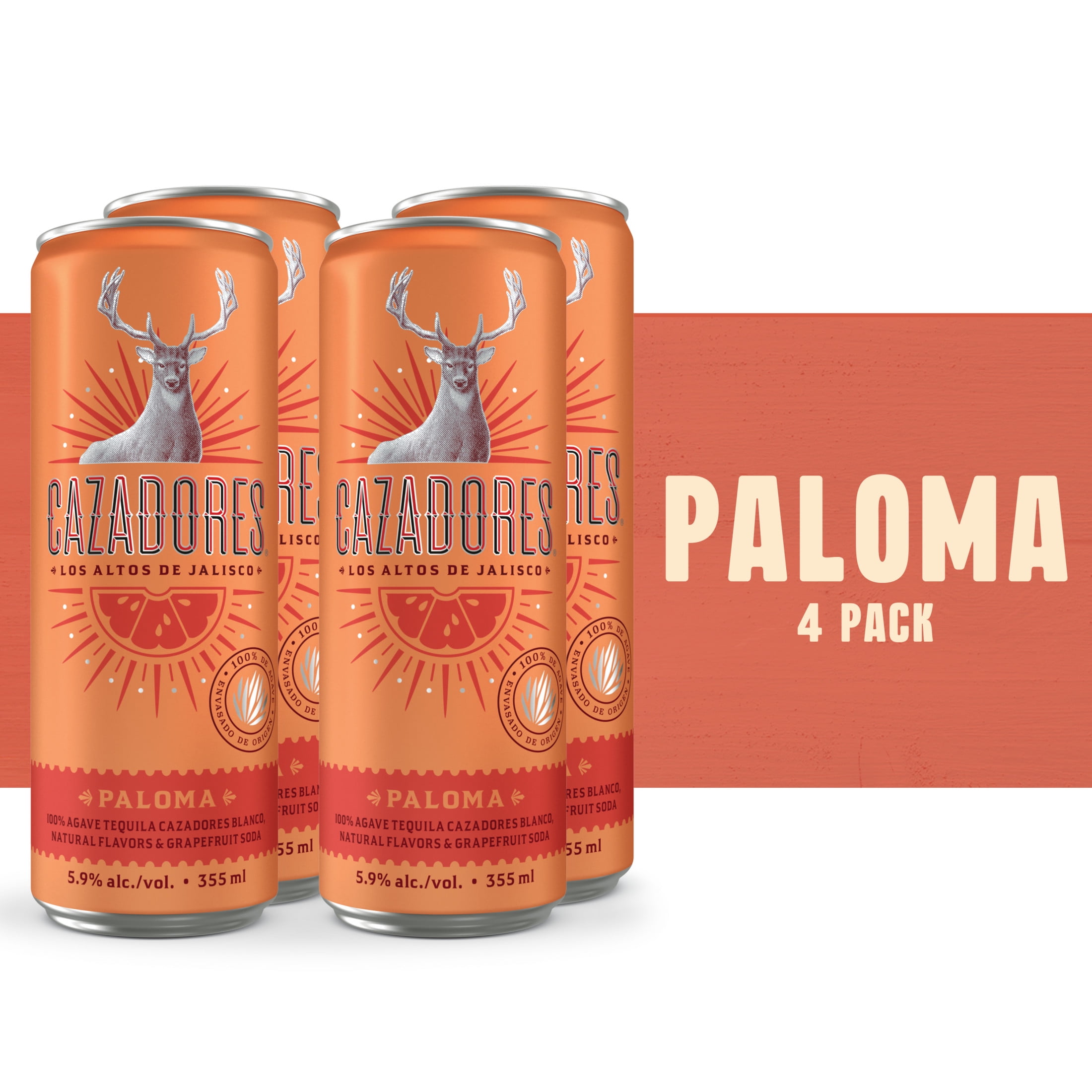 CAZADORES Ready-to-Drink Gluten Free Paloma Cocktail, 355 mL Can (Pack of 4), ABV 5.9%