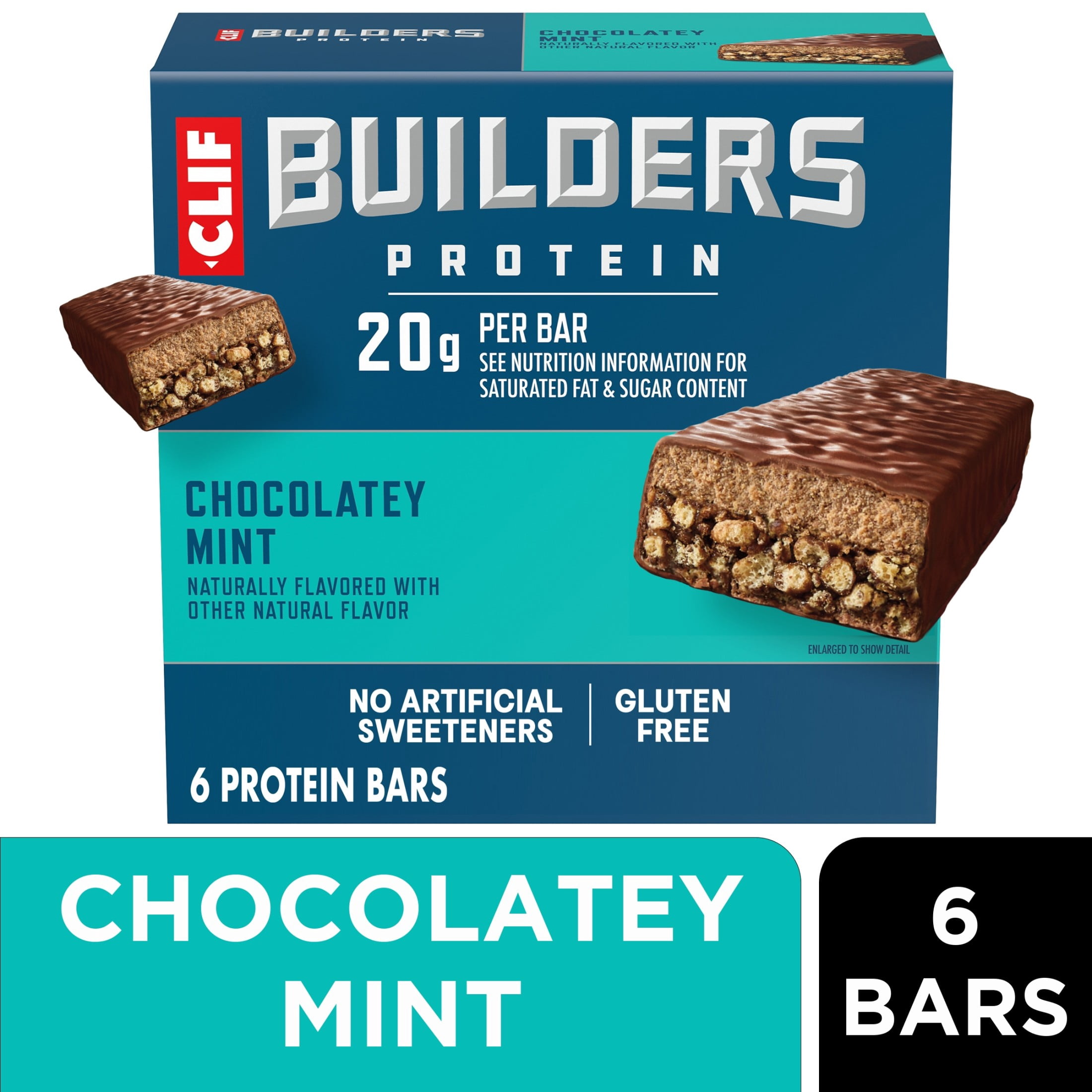 CLIF BUILDERS Protein Bars Chocolate Mint Flavor, Plant Protein, Gluten Free Bars, 6 count