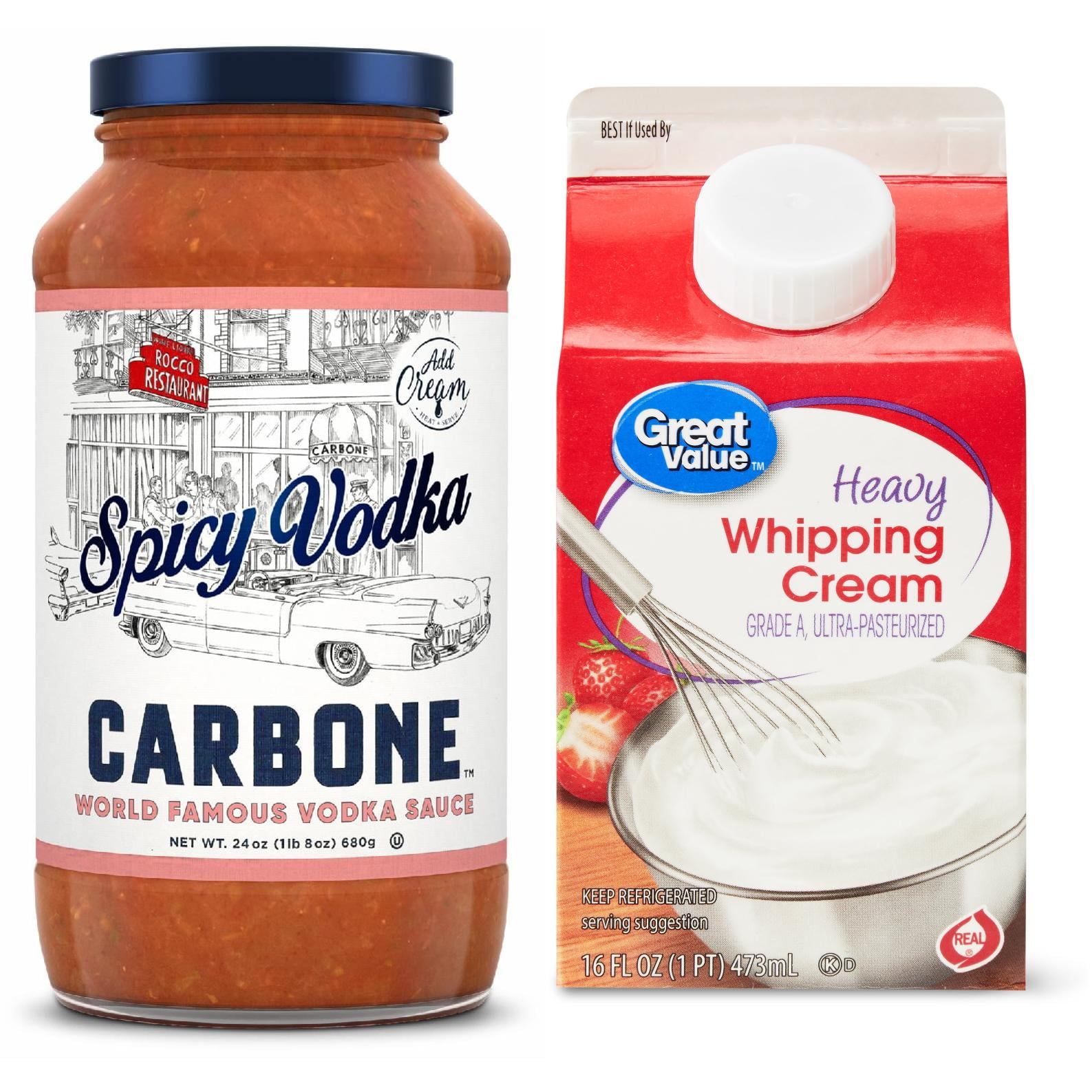 Carbone Fine Foods Spicy Vodka Sauce, 24 oz and Great Value Heavy Whipping Cream, 16 oz