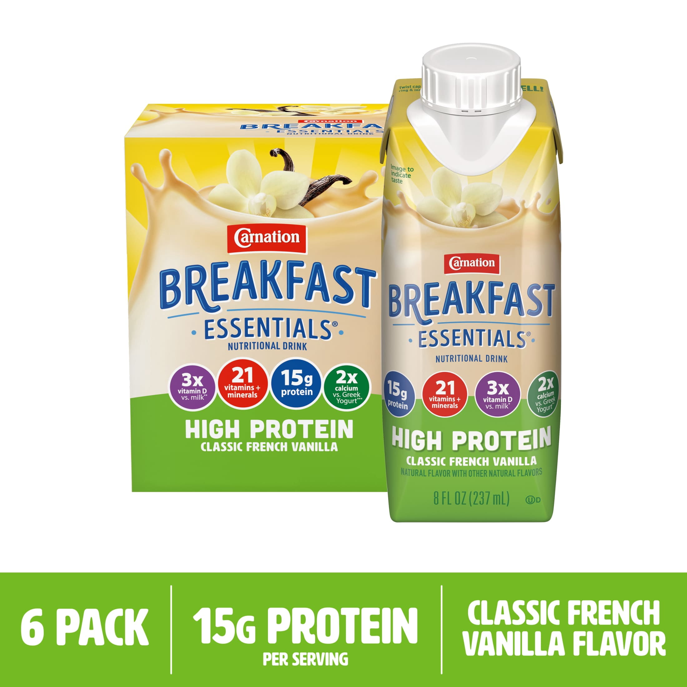 Carnation Breakfast Essentials High Protein Nutritional Drink Shakes, Classic French Vanilla Breakfast Shake, 8 fl oz, 6 Pack