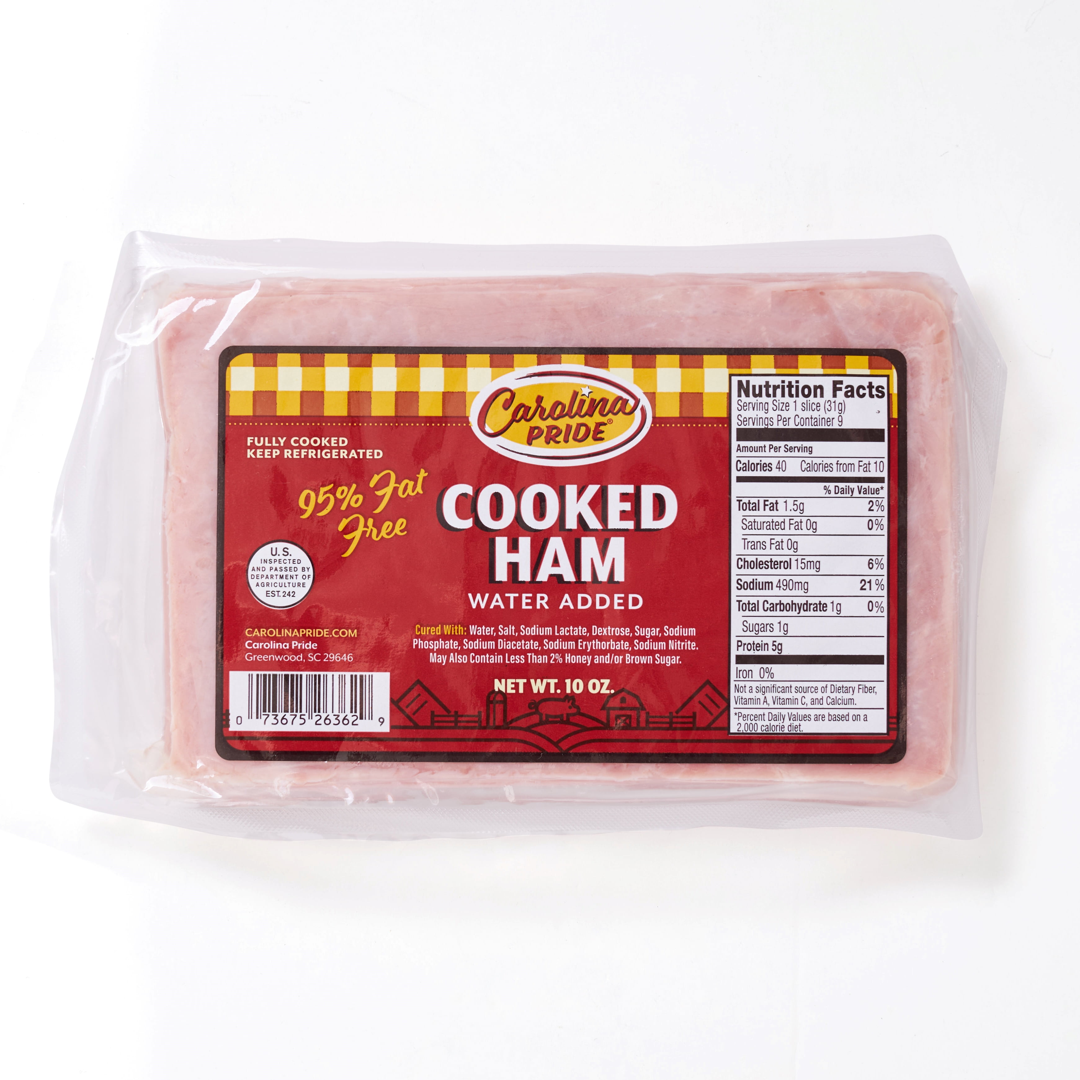 Carolina Pride Cooked Ham, Water Added, 95% Fat Free, 10 oz - Fully Cooked Refrigerated Ham Slices