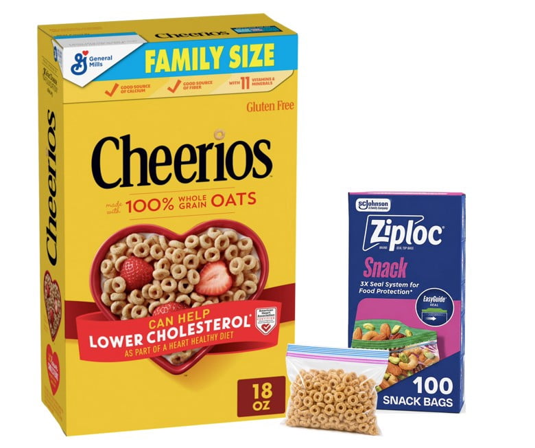 Cheerios 18 oz + Ziploc Snack Bags 100 Count Breakfast & Snack Prep Bundle, 2-Pack