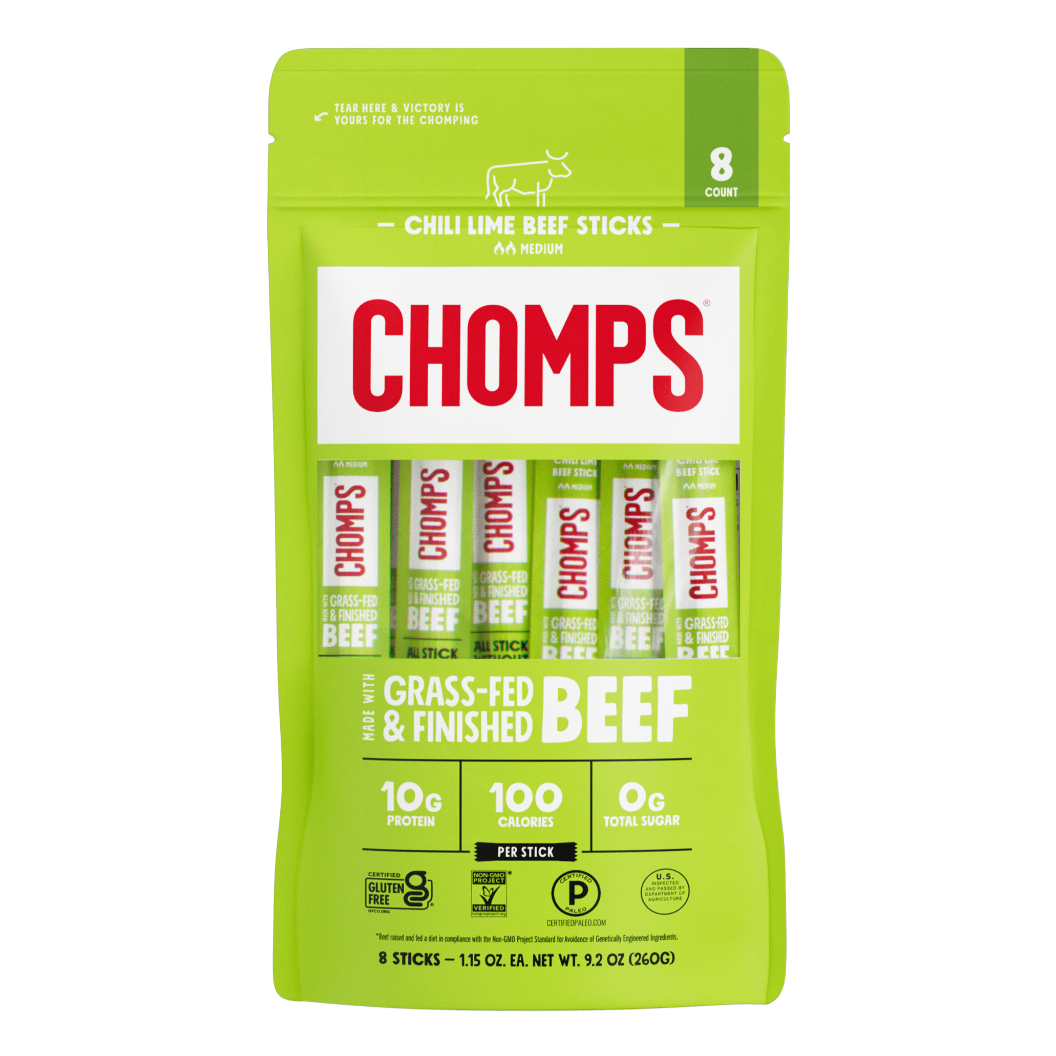 Chomps Grass-Fed And Finished Chili Lime Beef Snack Sticks (8 Count)