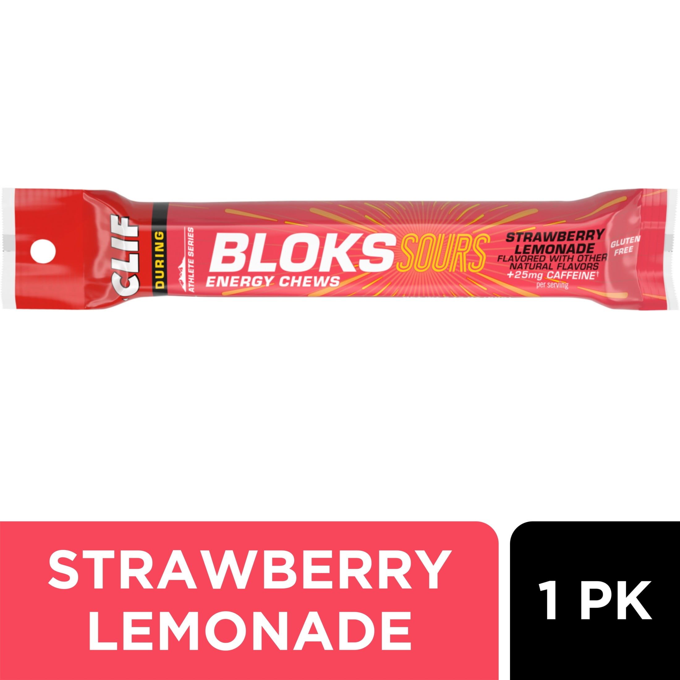 CLIF BLOKS SOURS Strawberry Lemonade Flavor with Caffeine Plant Based Energy Chews, 1ct