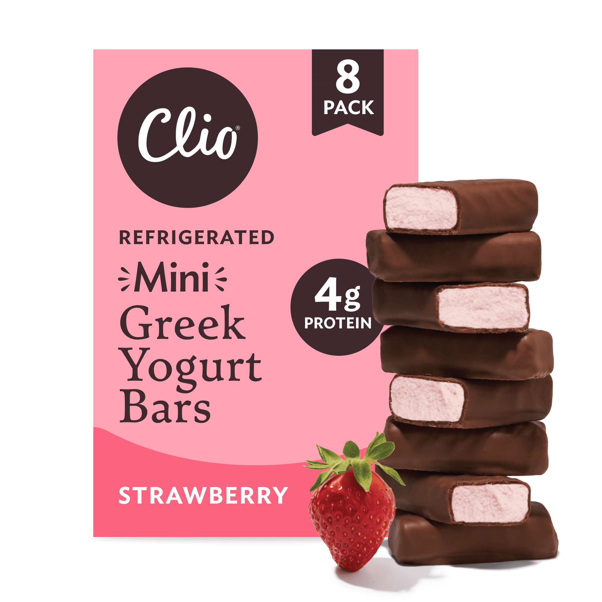 Clio Strawberry Greek Yogurt Mini Bar in Chocolatey Coating, 0.78 oz, 8 Ct