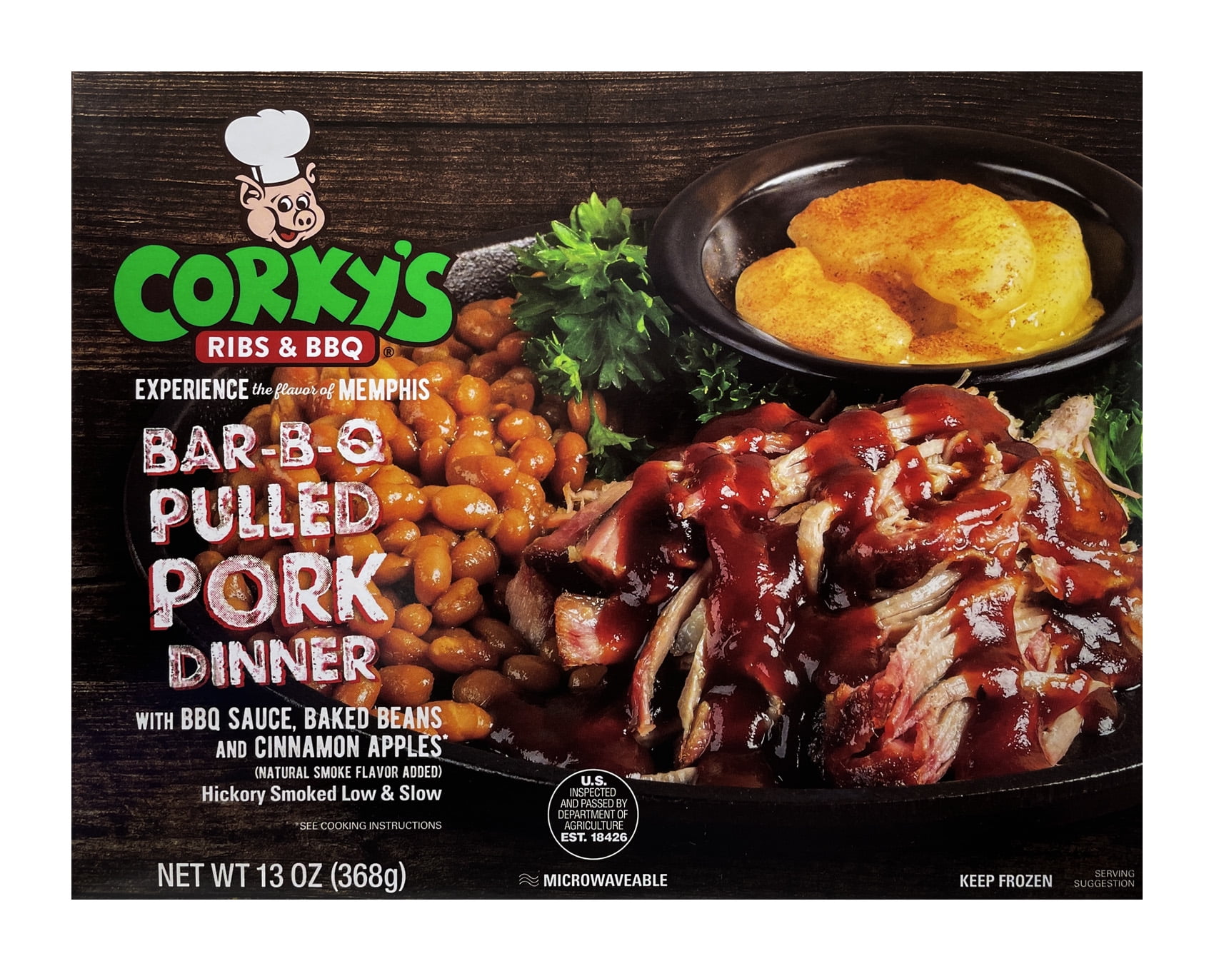 Corkys Memphis Style BBQ Pulled Pork Dinner with Baked Beans & Cinnamon Apples, Frozen Single Serve Meal, 13 oz