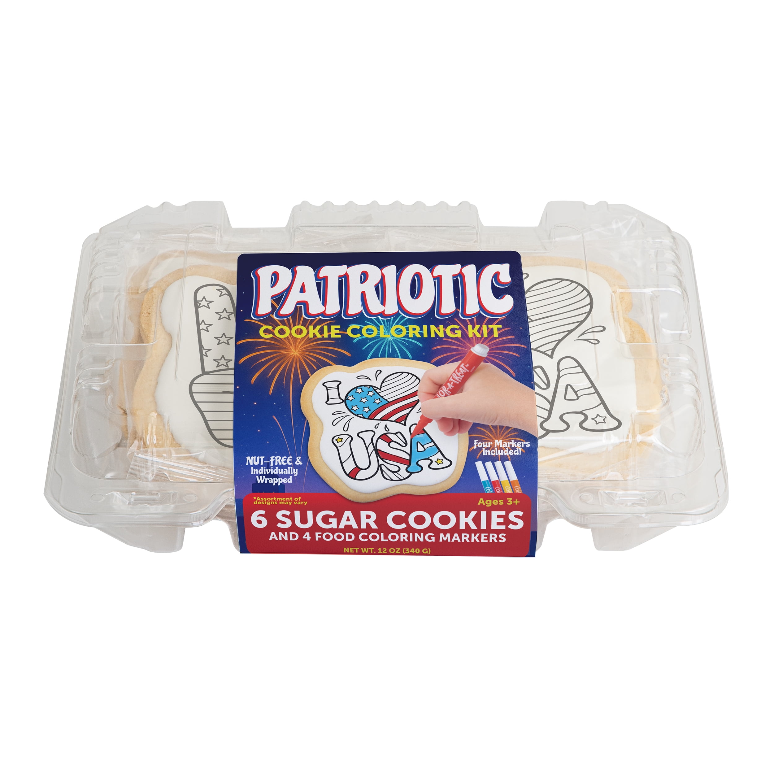 Corso's Cookies Color-a-Treat Patriotic Cookie Coloring Kit, 12 oz., 6 Pre-Baked Cookies and 4 Edible Food Coloring Markers, Baked