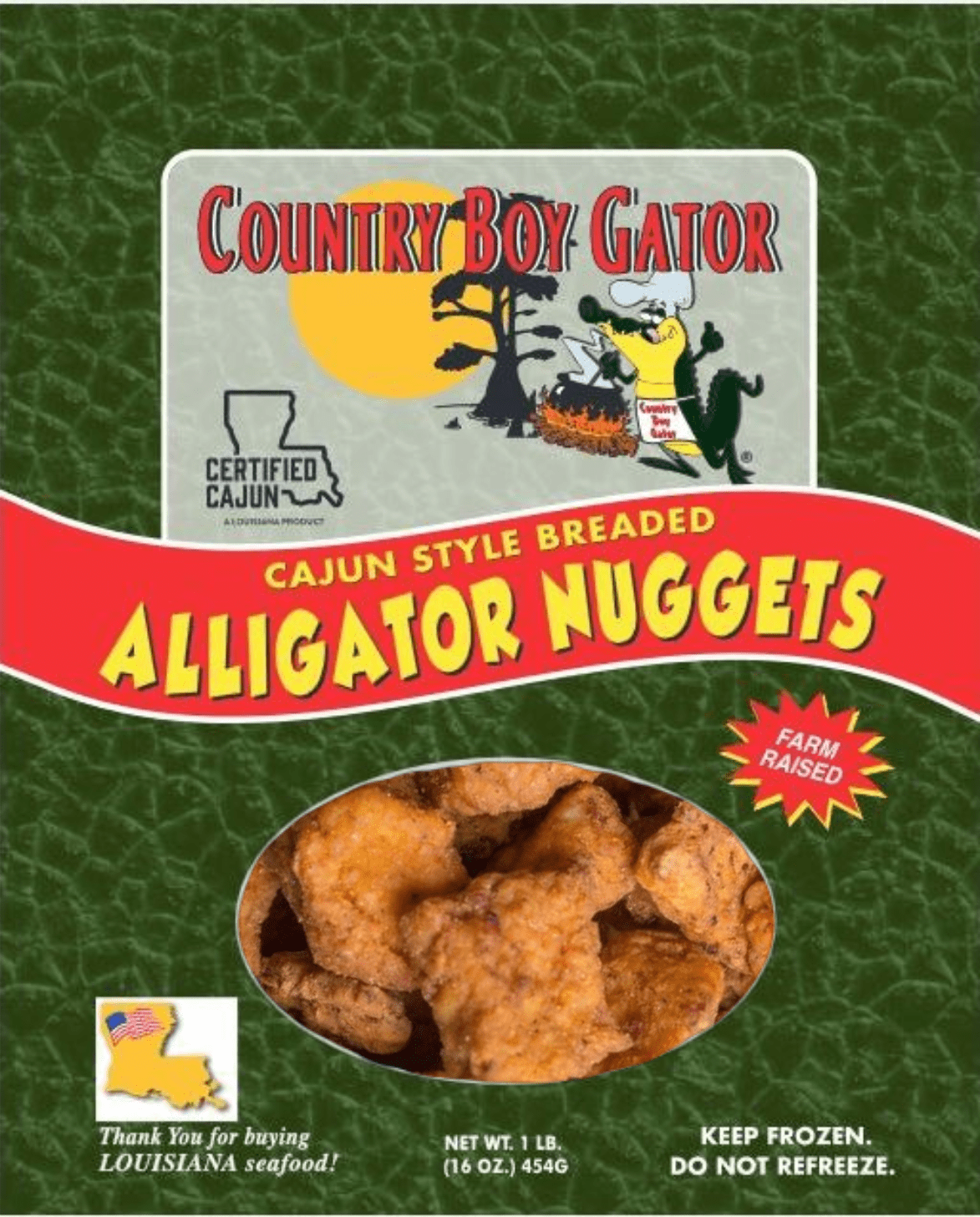 Country Boy Gator, Breaded Alligator Nuggets, Frozen, Contains: Wheat, 1lb (16 oz).