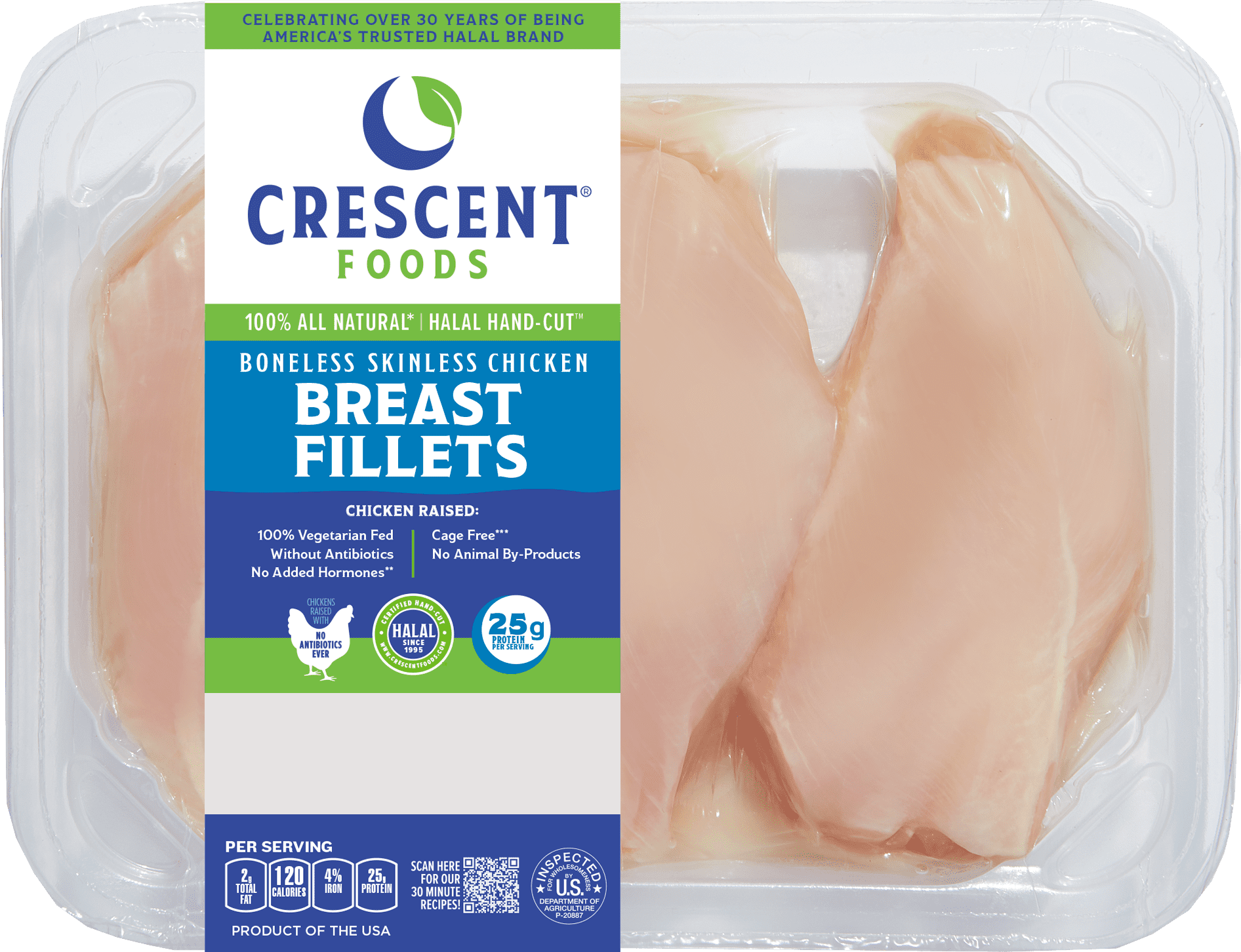 Crescent Foods Halal Hand-Cut Fresh Boneless Skinless Chicken Breasts, All-Natural, No Antibiotics,1 - 2 lb.