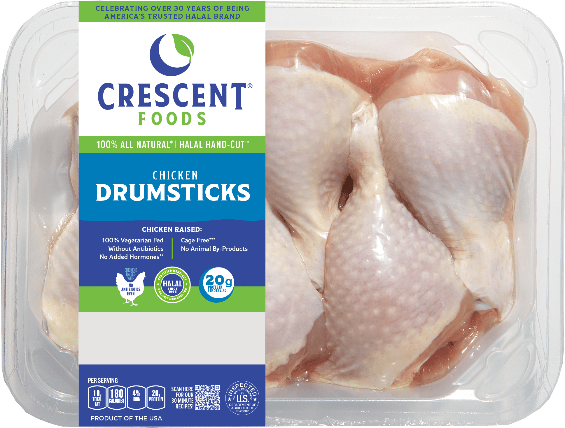 Crescent Foods Halal Hand-Cut Fresh Chicken Drumsticks, All-Natural, No Antibiotics, 1.25 - 2.25 lb.