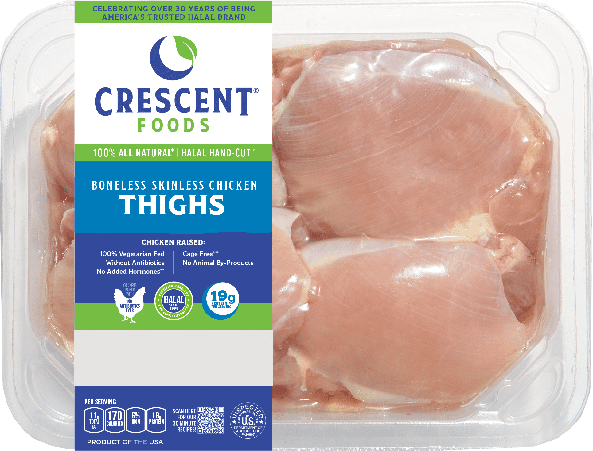 Crescent Foods Halal Hand-Cut Fresh Boneless Skinless Chicken Thighs, All-Natural, No Antibiotics, 1.25 - 2.25 lb.