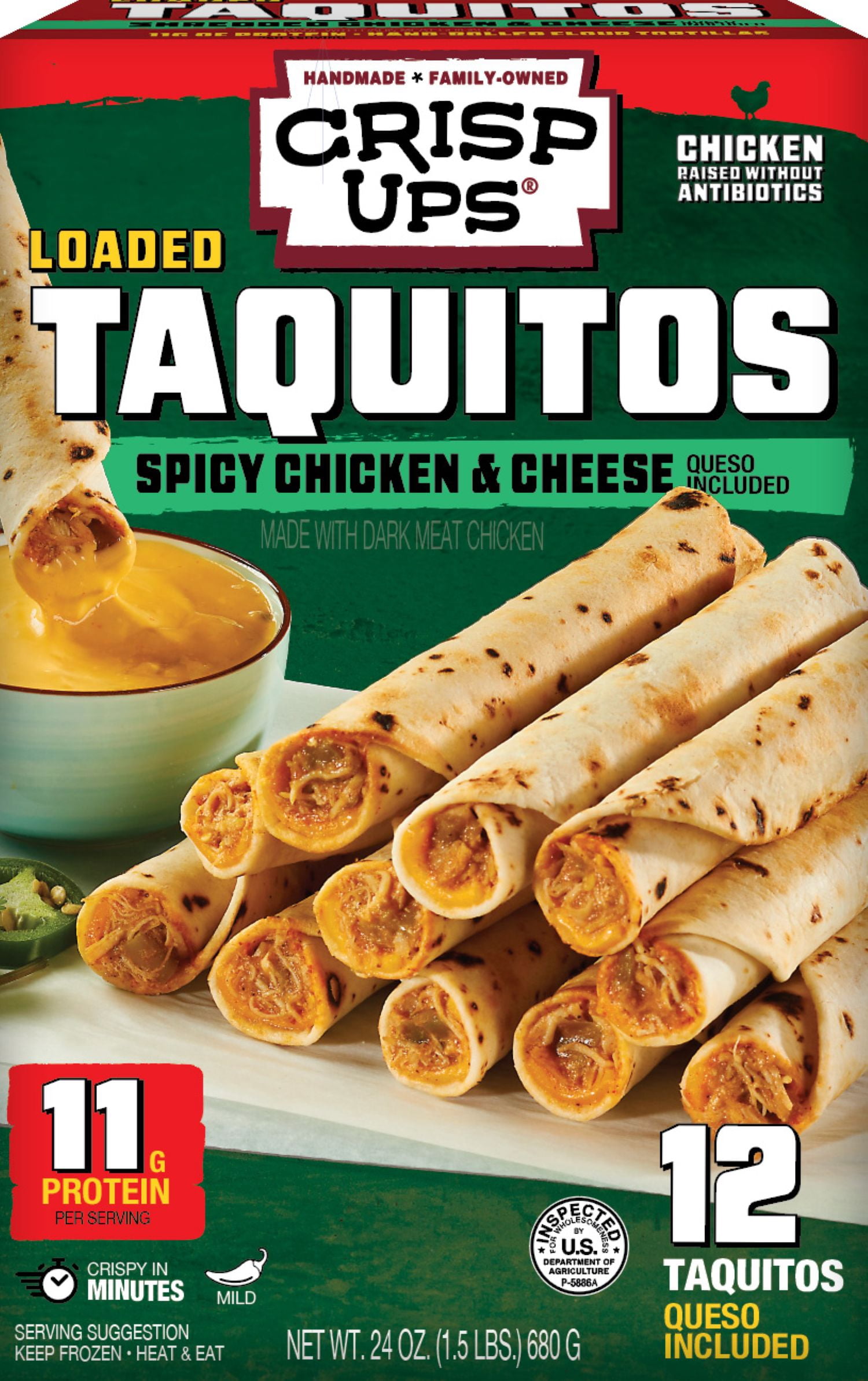 CrispUps Spicy Chicken & Cheese Loaded Taquitos with Queso Included, Frozen, 24oz, 12 Count-Don Lee Farms