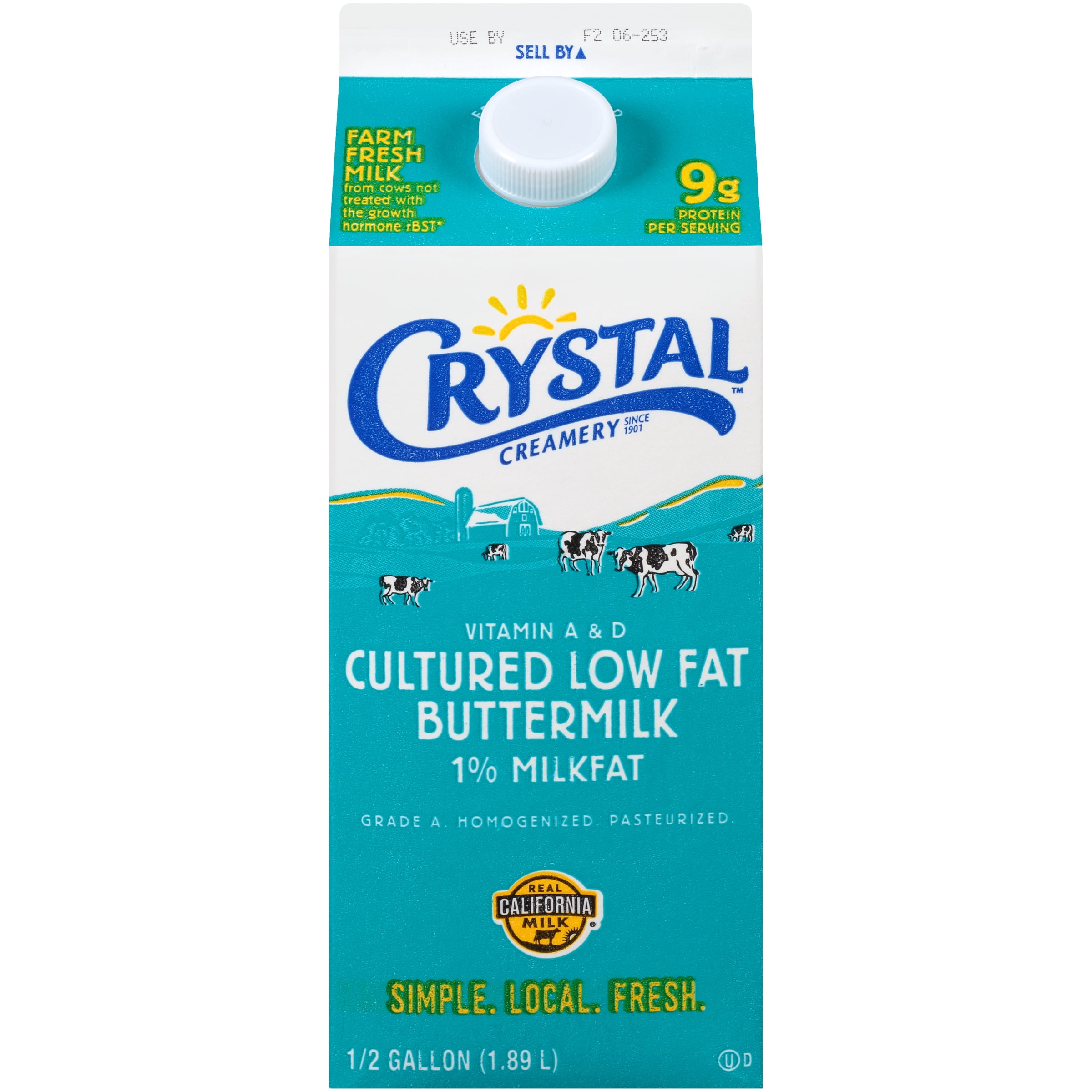 Crystal Creamery, Fresh, Real California, Cultured 1% Low Fat Buttermilk, Gluten Free, Paper, Carton, 64 fl oz